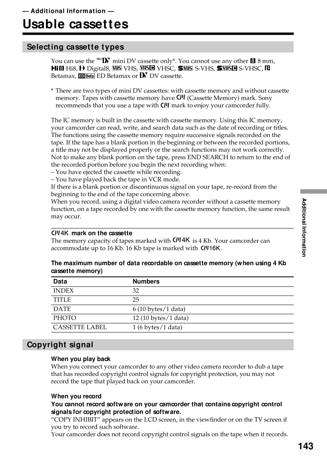 Sony DCR-VX2000 operating instructions Usable cassettes, 143, Selecting cassette types, Copyright signal 