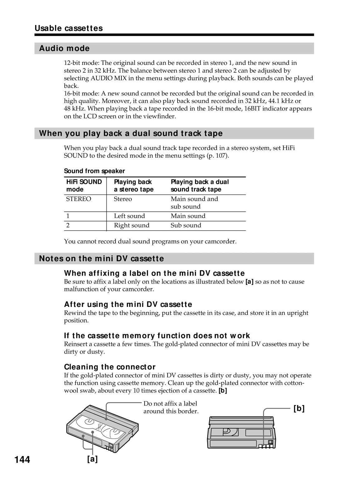 Sony DCR-VX2000 operating instructions 144a, Usable cassettes Audio mode, When you play back a dual sound track tape 