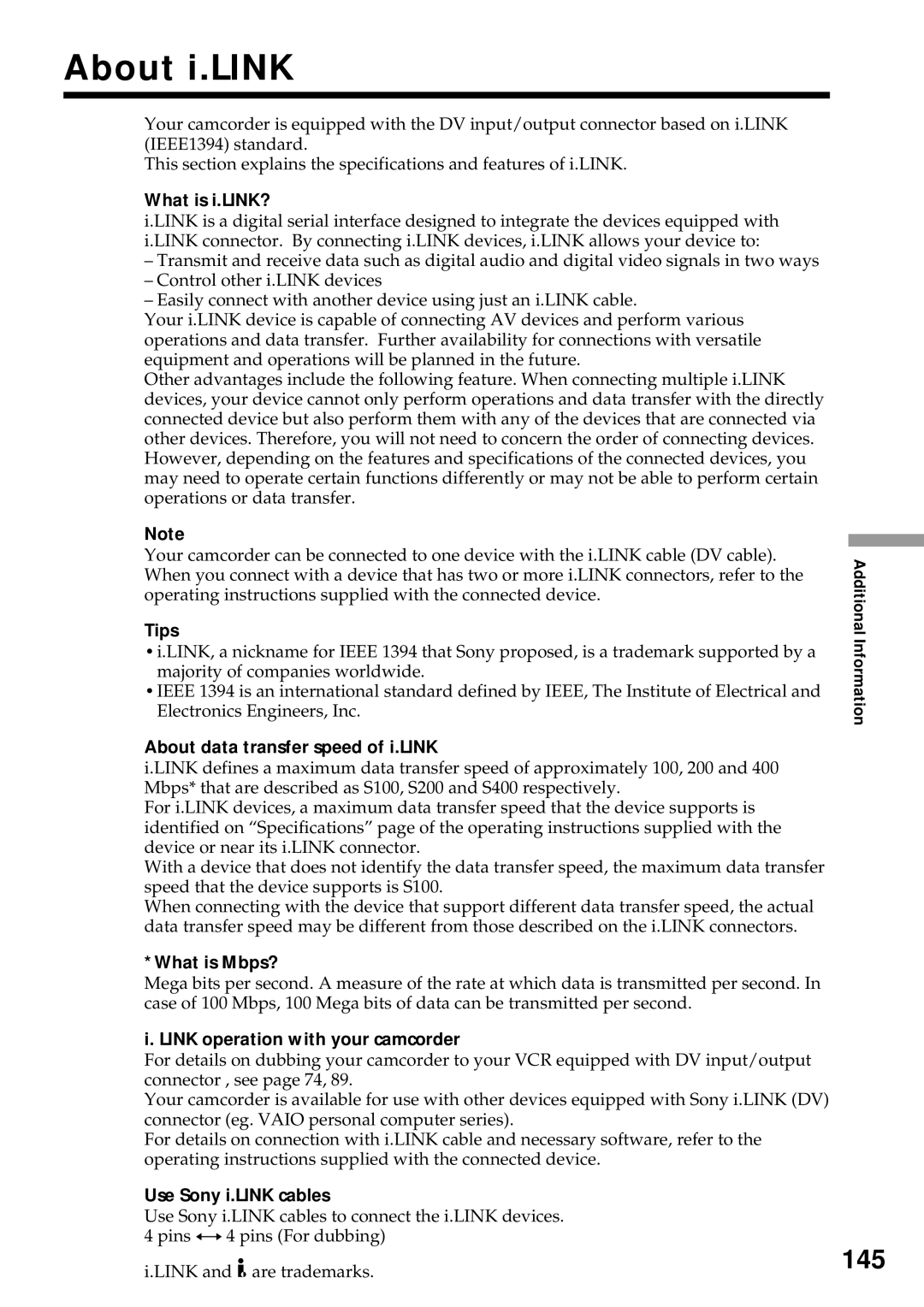 Sony DCR-VX2000 operating instructions About i.LINK, 145 