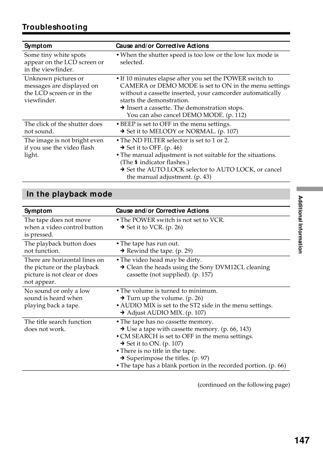 Sony DCR-VX2000 operating instructions 147, Troubleshooting, Playback mode 