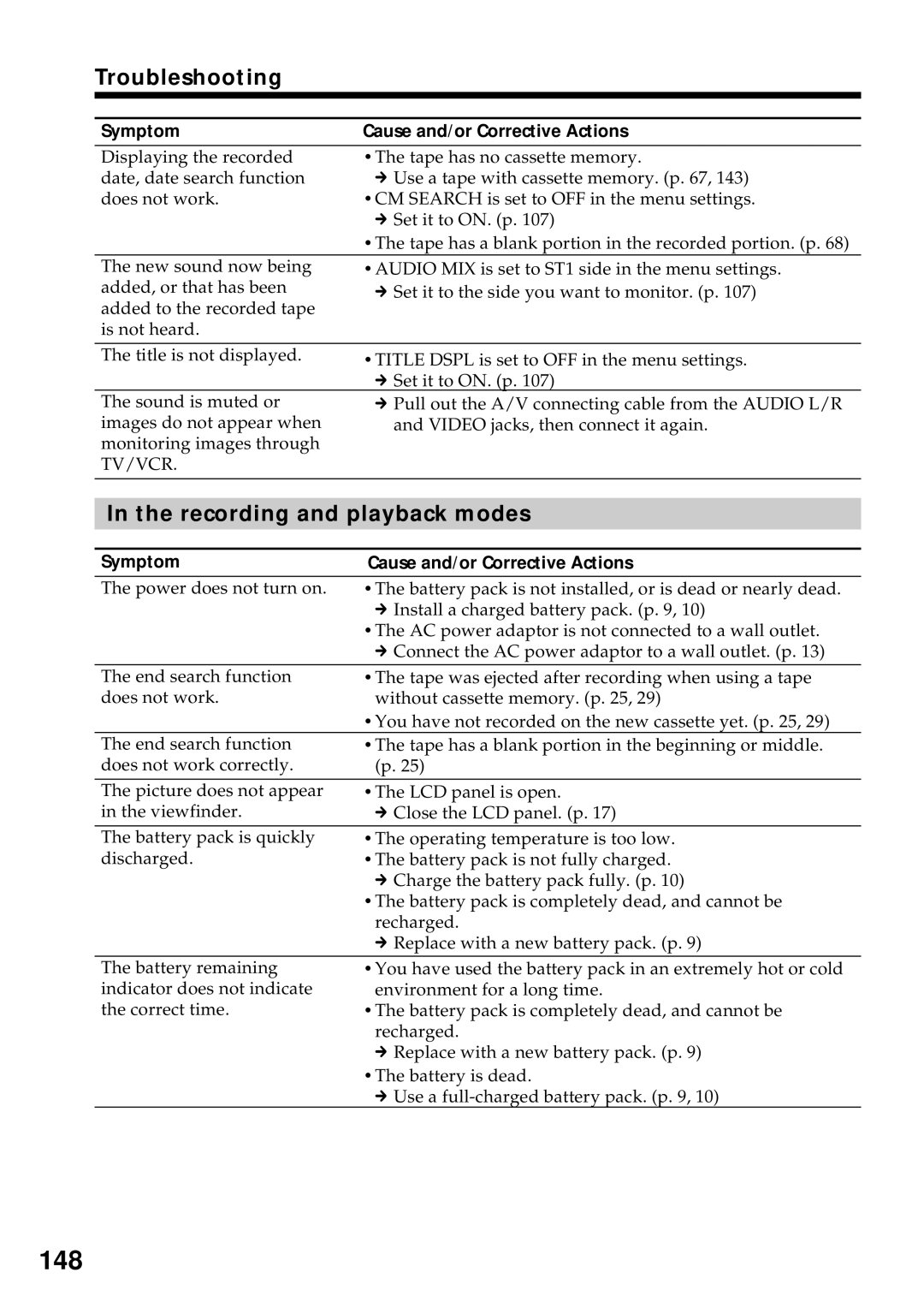 Sony DCR-VX2000 operating instructions 148, Recording and playback modes 