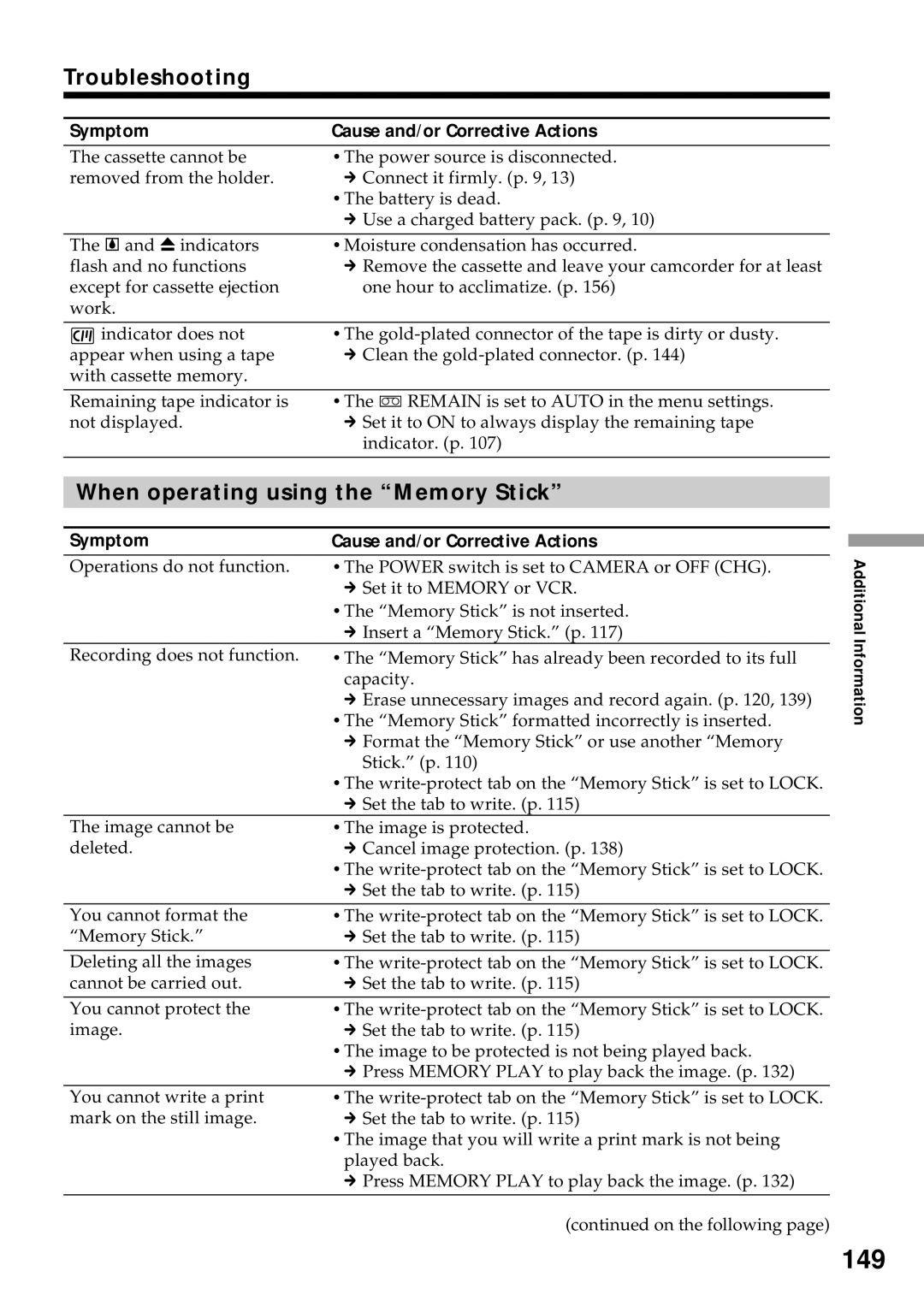 Sony DCR-VX2000 operating instructions 149, When operating using the Memory Stick 