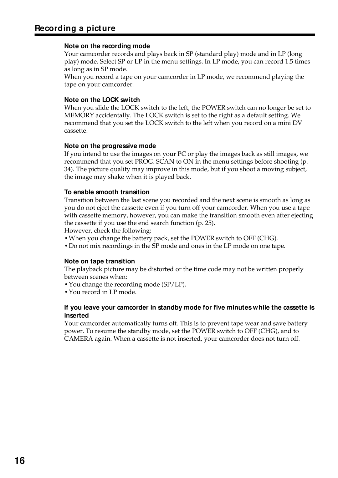 Sony DCR-VX2000 operating instructions Recording a picture, To enable smooth transition 