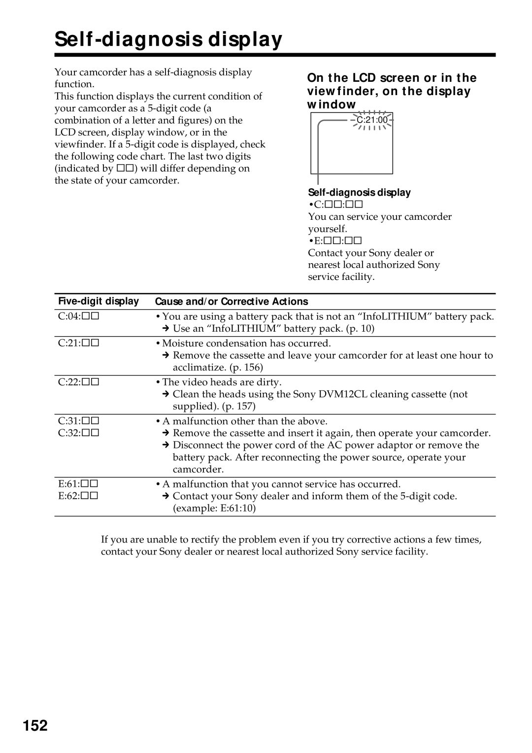 Sony DCR-VX2000 operating instructions Self-diagnosis display, 152, Five-digit display Cause and/or Corrective Actions 