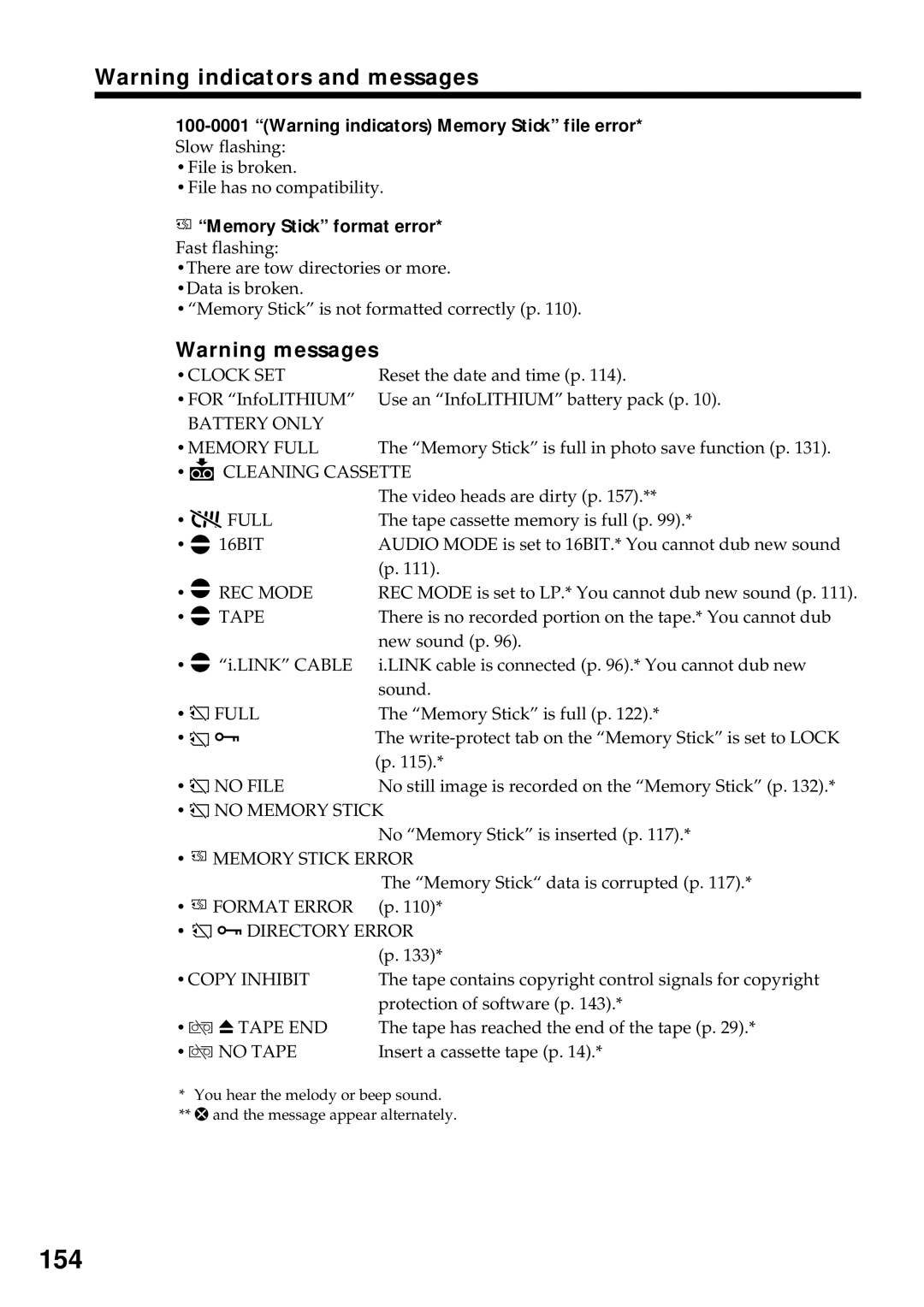 Sony DCR-VX2000 operating instructions 154, Memory Stick format error 