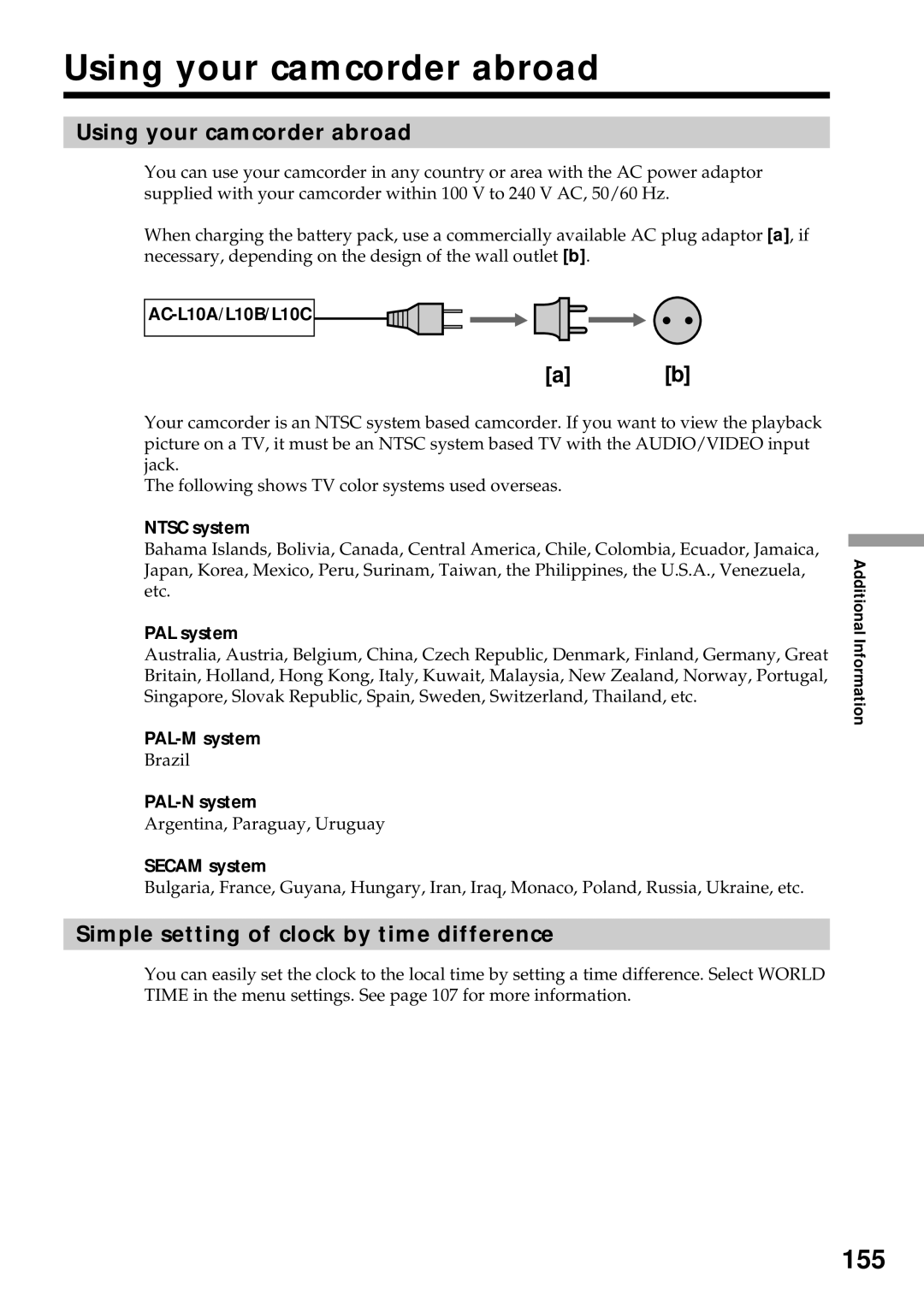 Sony DCR-VX2000 operating instructions Using your camcorder abroad, 155, Simple setting of clock by time difference 