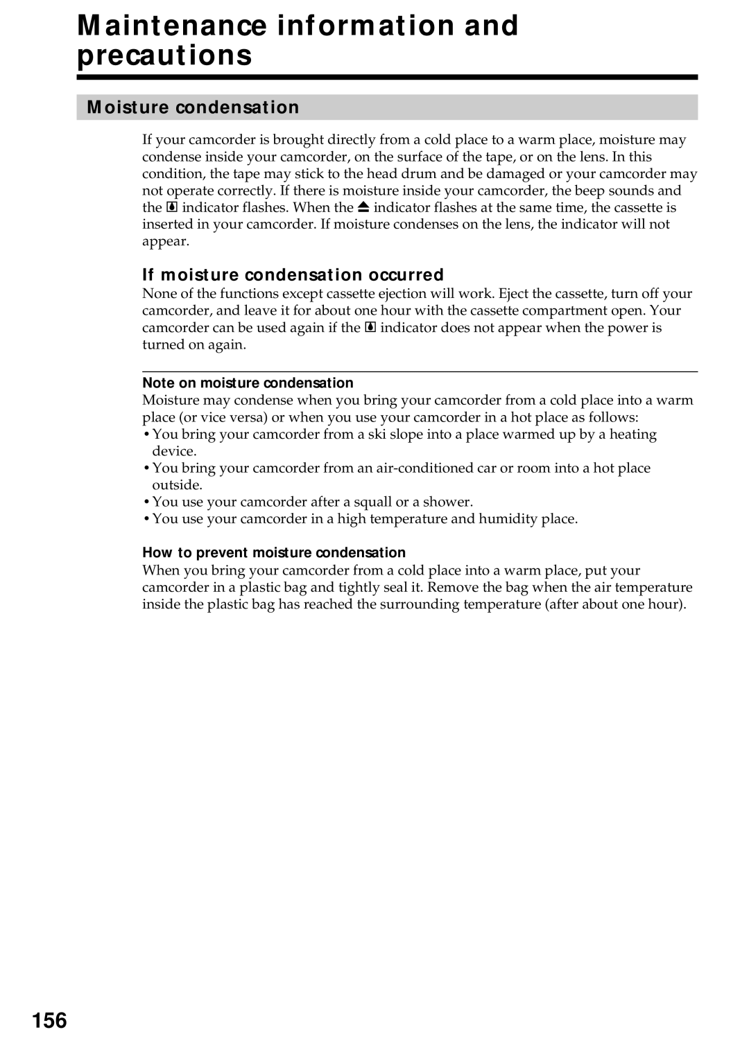 Sony DCR-VX2000 Maintenance information and precautions, 156, Moisture condensation, If moisture condensation occurred 