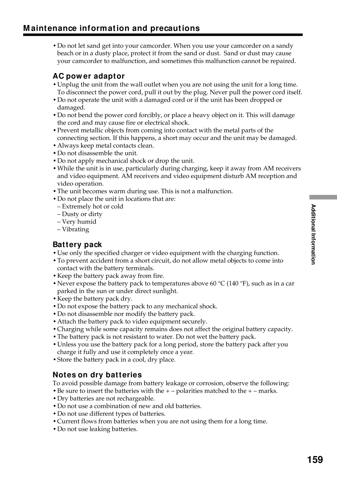 Sony DCR-VX2000 operating instructions 159, Maintenance information and precautions, AC power adaptor, Battery pack 