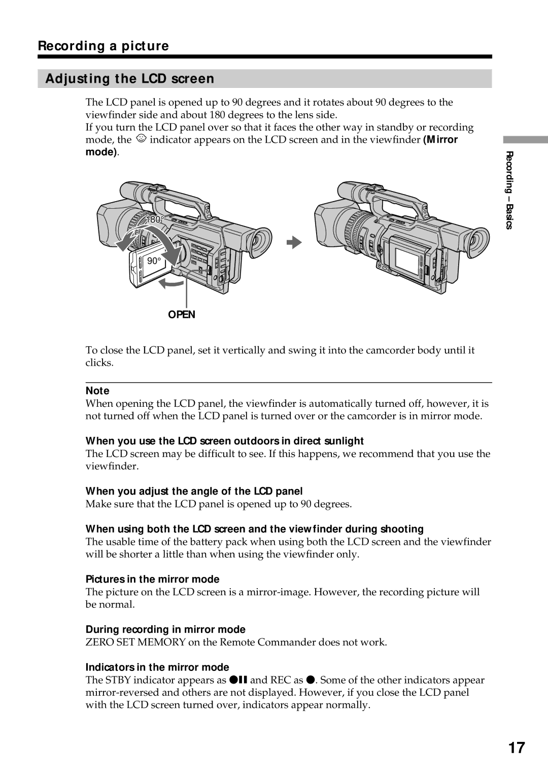 Sony DCR-VX2000 operating instructions Recording a picture Adjusting the LCD screen, Open 