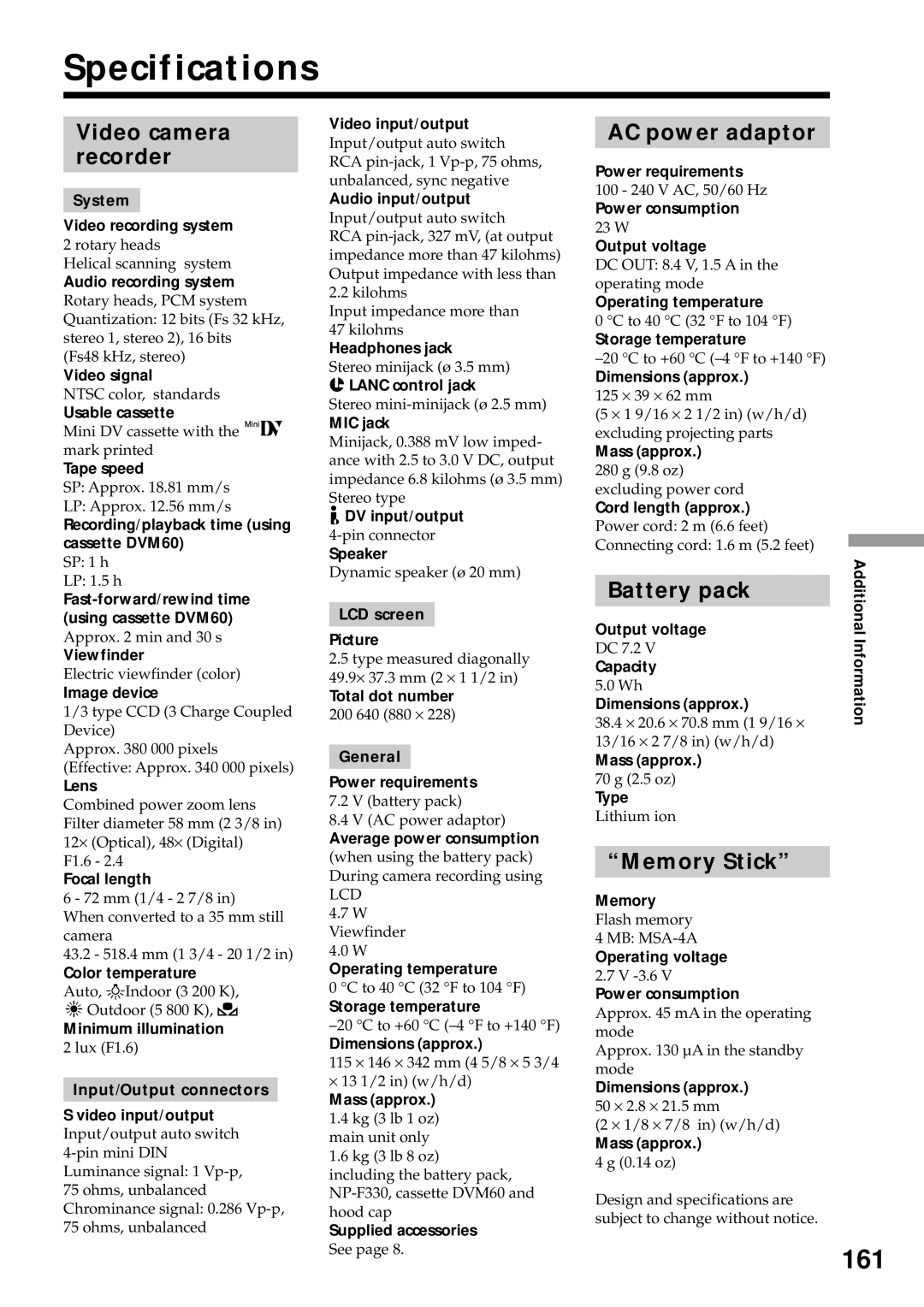 Sony DCR-VX2000 operating instructions Specifications, 161 