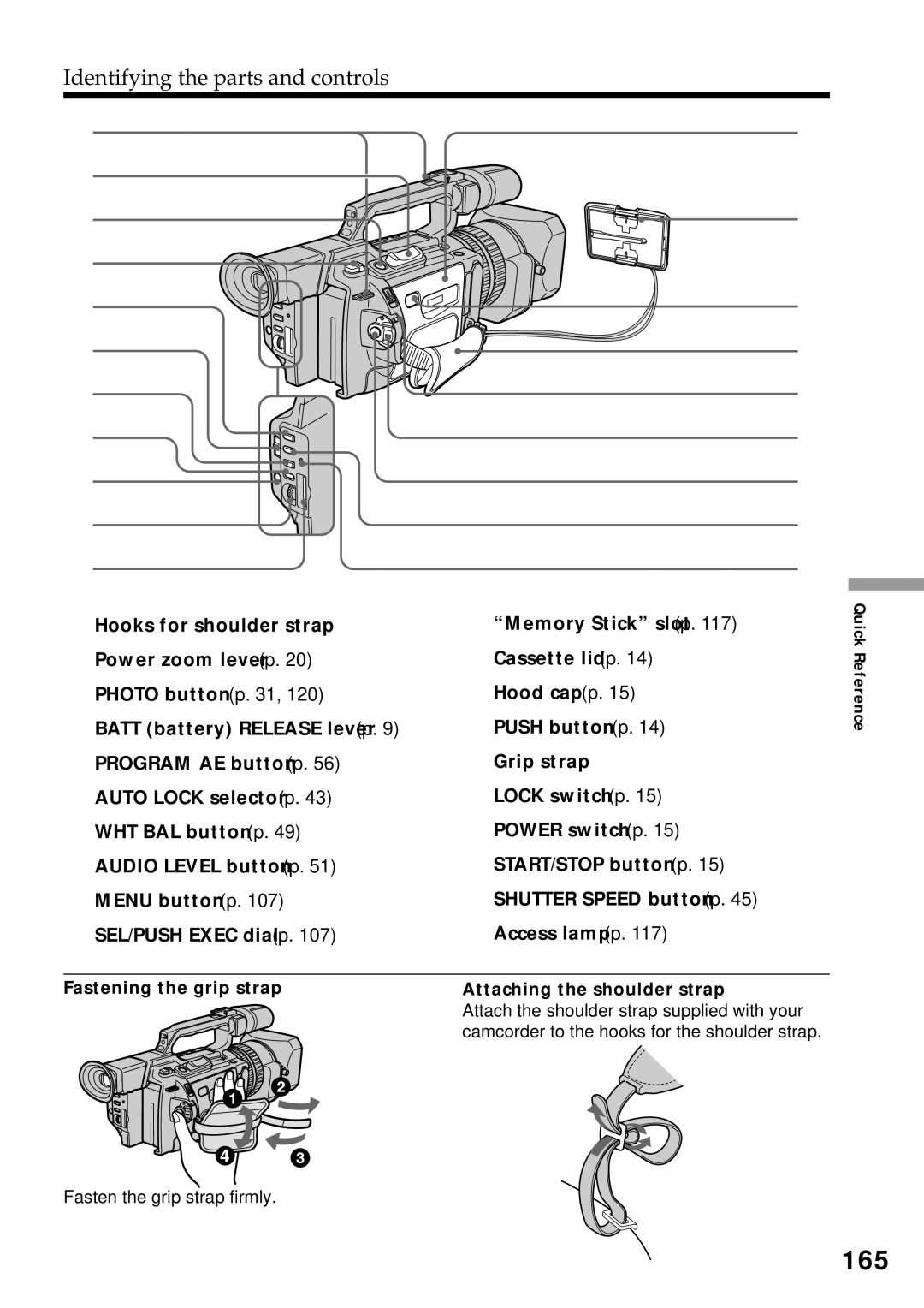 Sony DCR-VX2000 operating instructions 165, Fastening the grip strap Attaching the shoulder strap 