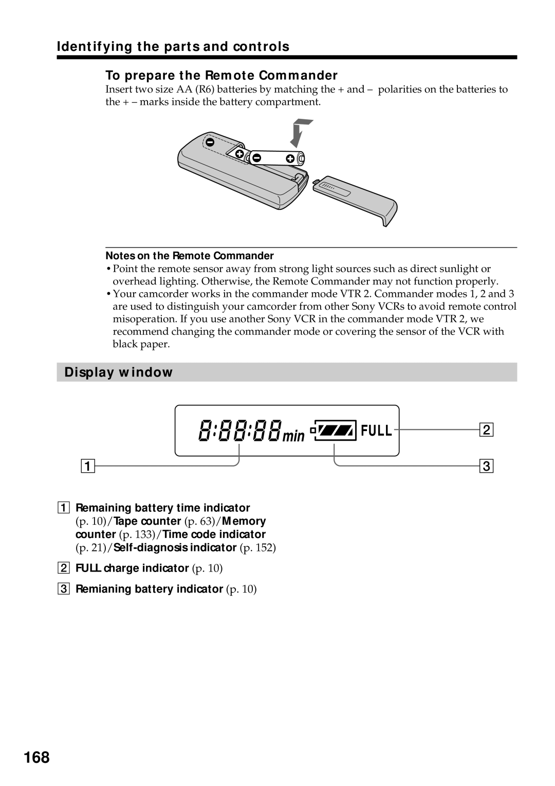 Sony DCR-VX2000 operating instructions 168, Display window, To prepare the Remote Commander 