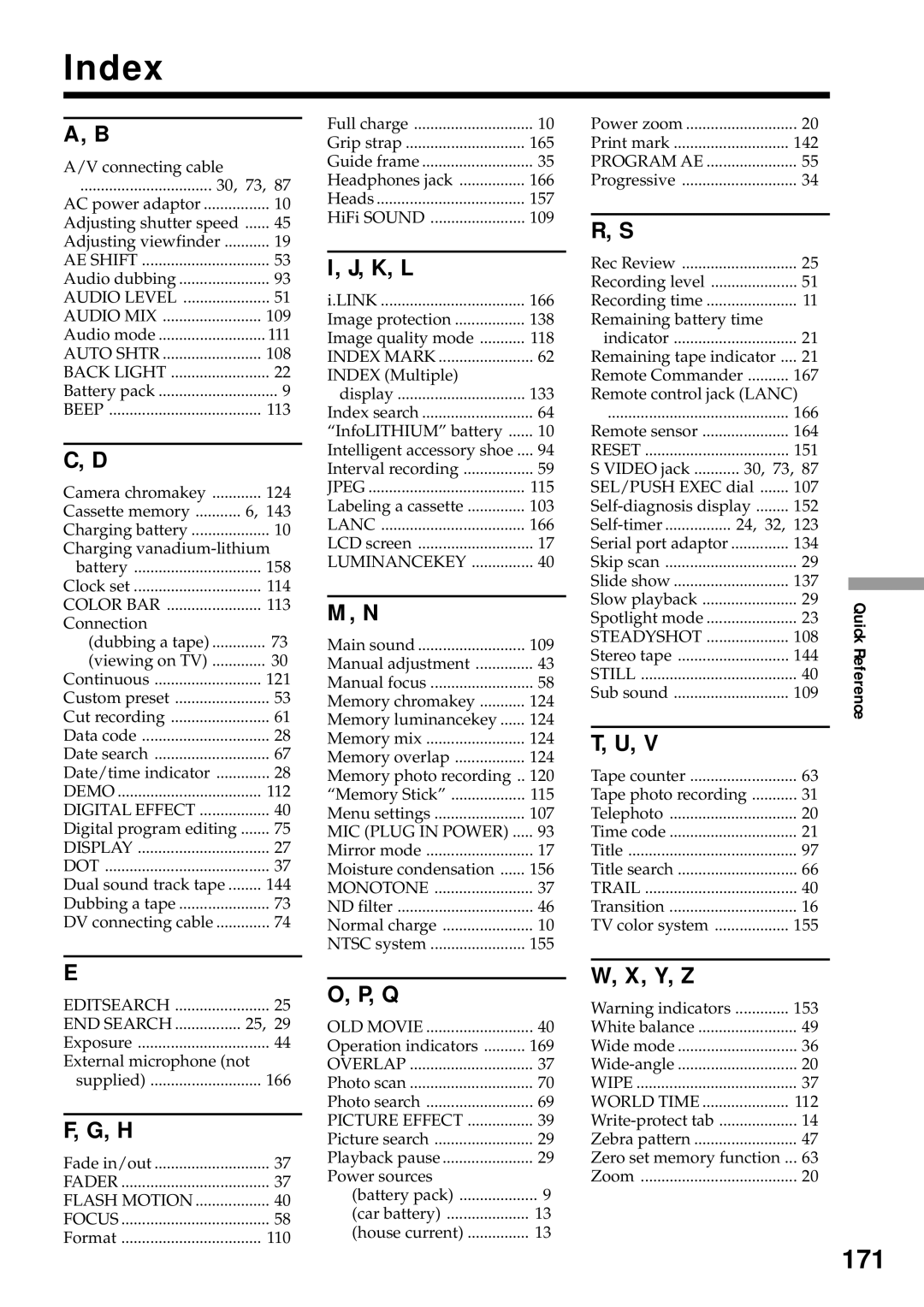 Sony DCR-VX2000 operating instructions Index, 171, K, L, Y, Z 