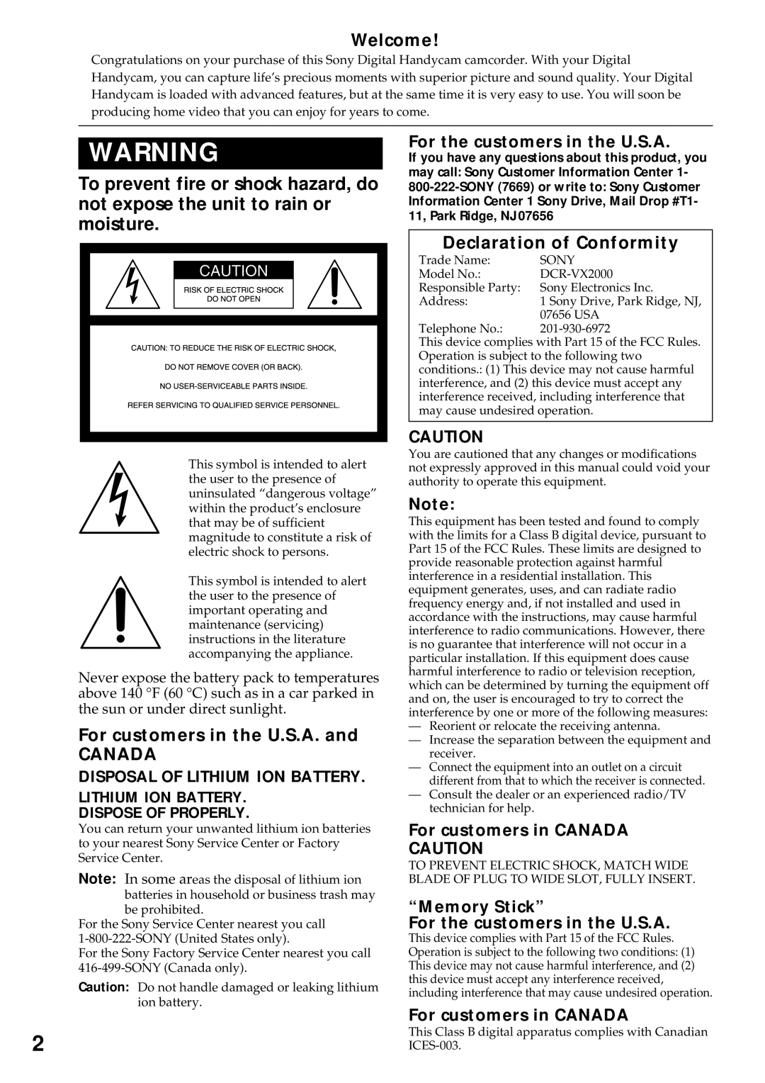 Sony DCR-VX2000 Welcome, For customers in the U.S.A, Declaration of Conformity, Lithium ION Battery Dispose of Properly 