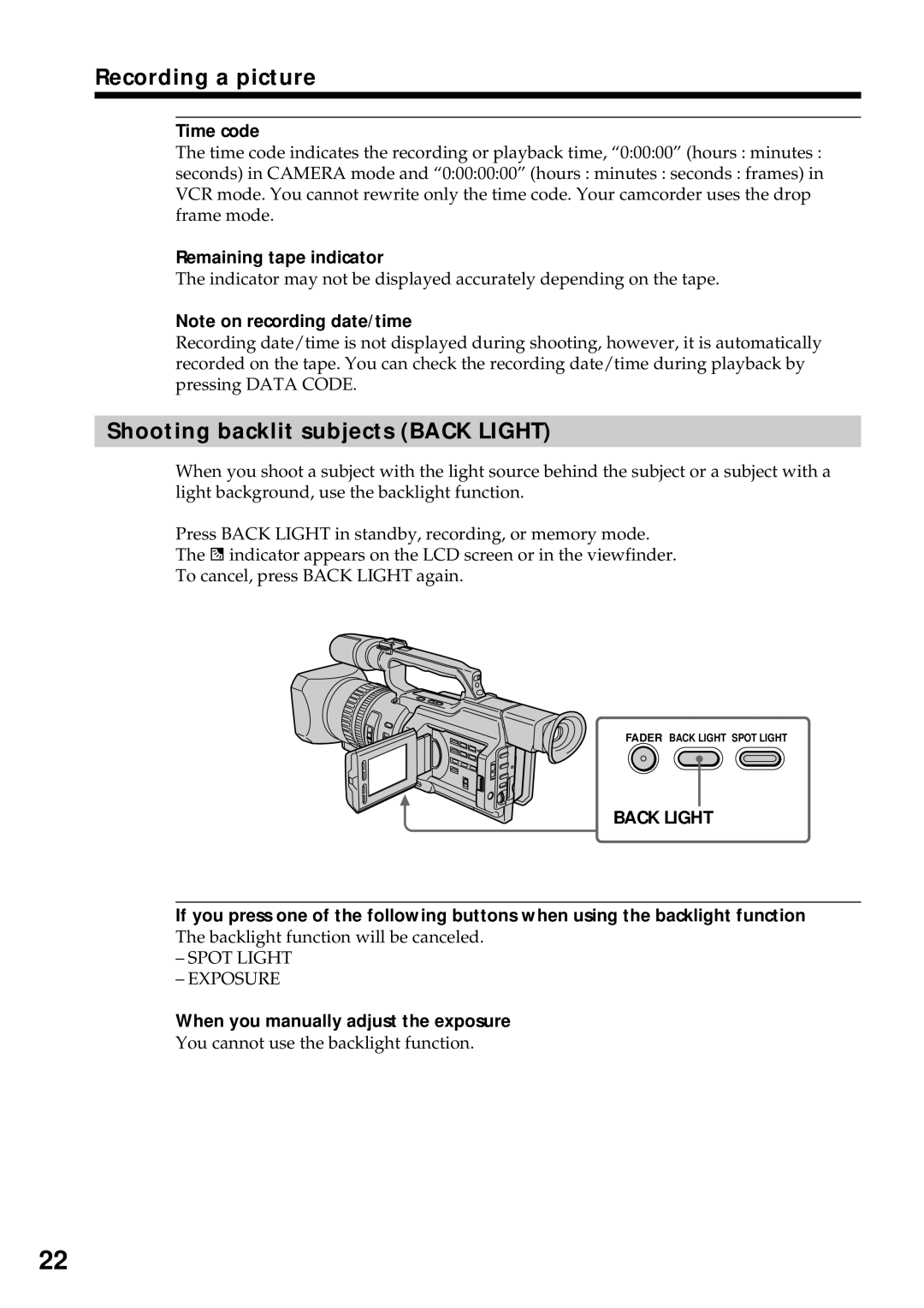 Sony DCR-VX2000 operating instructions Shooting backlit subjects Back Light, Time code, Remaining tape indicator 