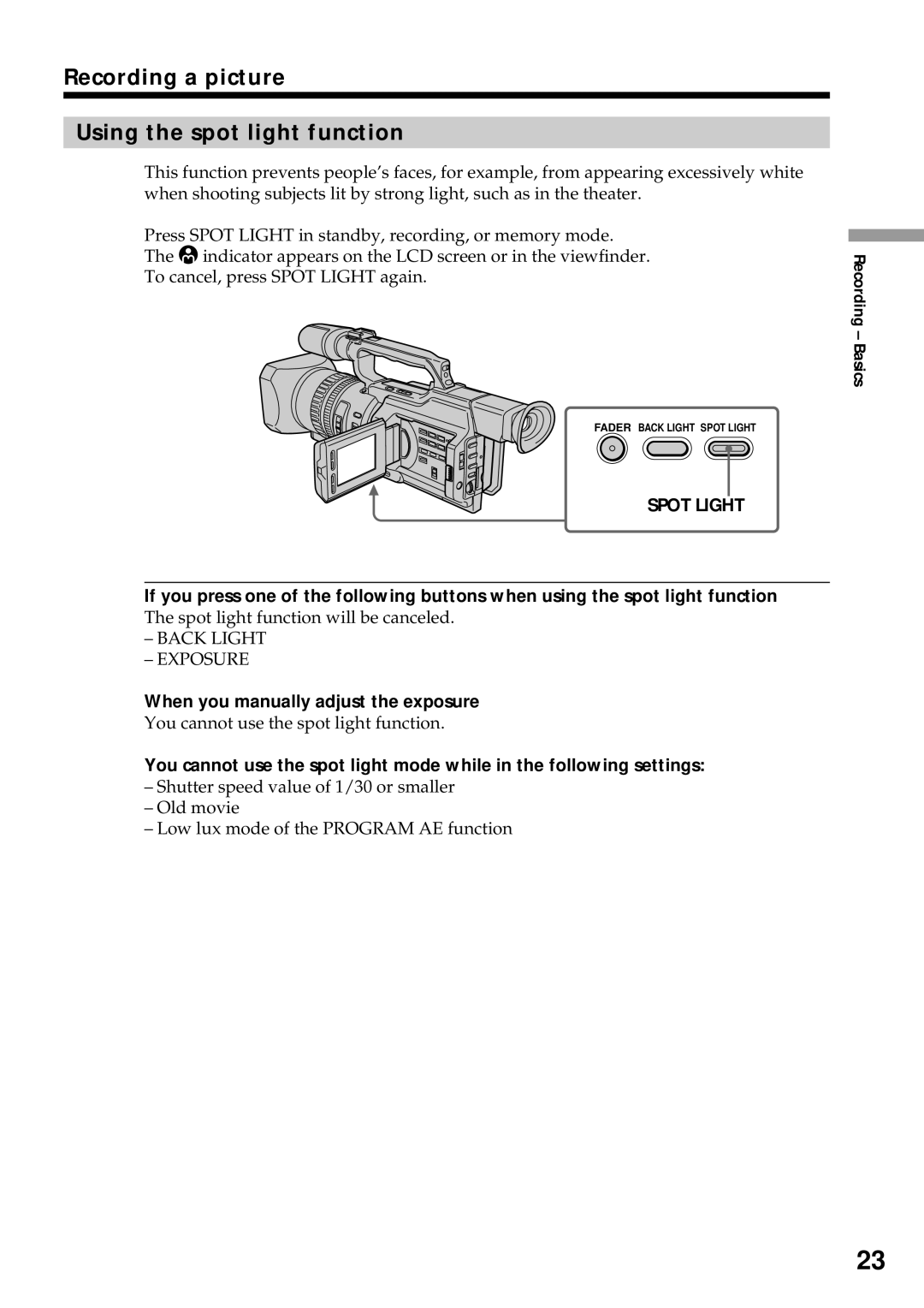 Sony DCR-VX2000 operating instructions Recording a picture Using the spot light function, Spot Light 