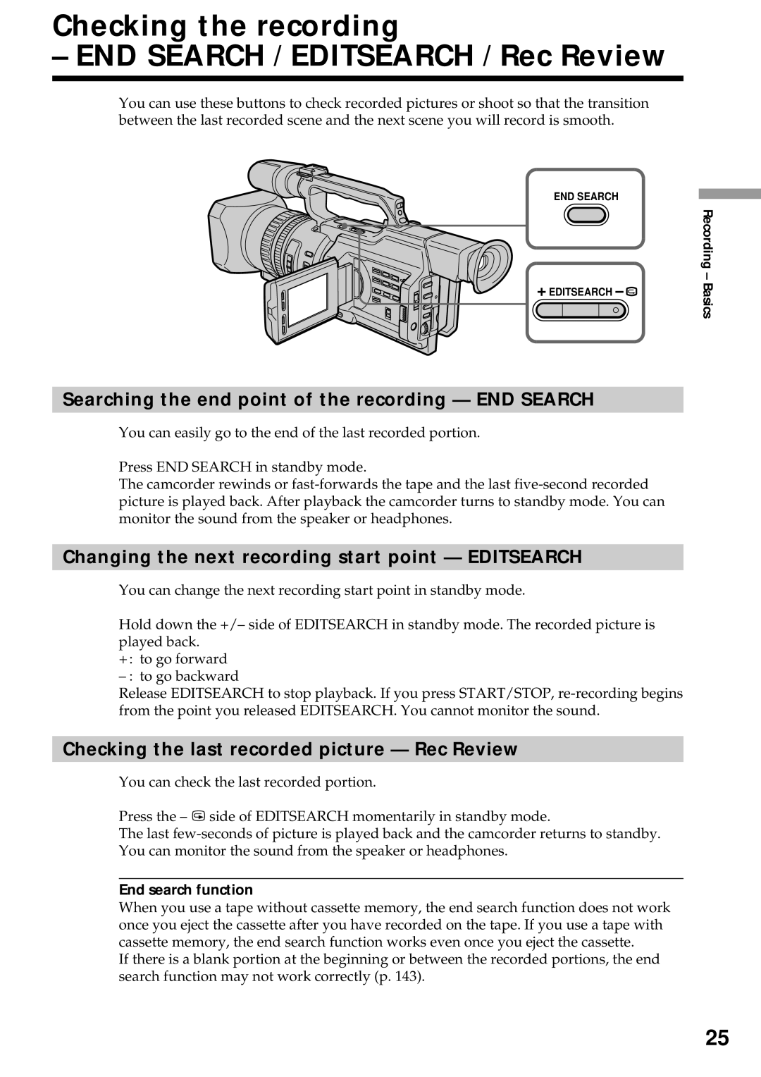 Sony DCR-VX2000 Checking the recording END Search / Editsearch / Rec Review, Checking the last recorded picture Rec Review 