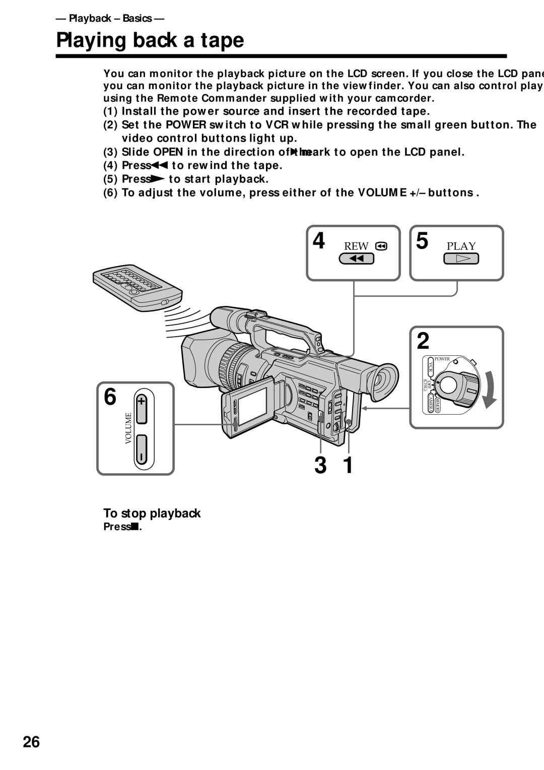 Sony DCR-VX2000 operating instructions Playing back a tape, To stop playback, Playback Basics 