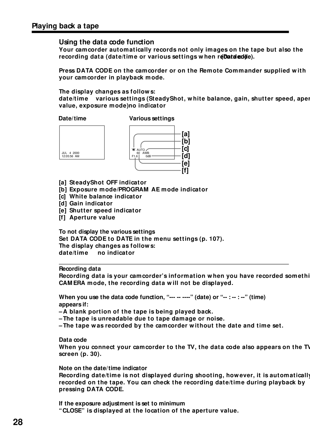 Sony DCR-VX2000 Using the data code function, Date/time Various settings, To not display the various settings, Data code 