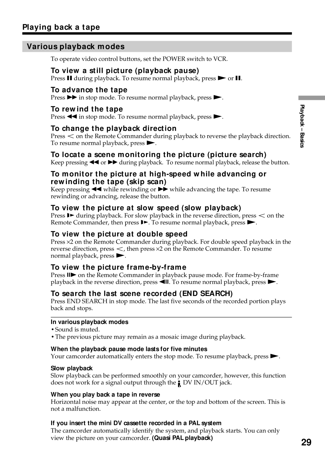 Sony DCR-VX2000 operating instructions Playing back a tape Various playback modes 