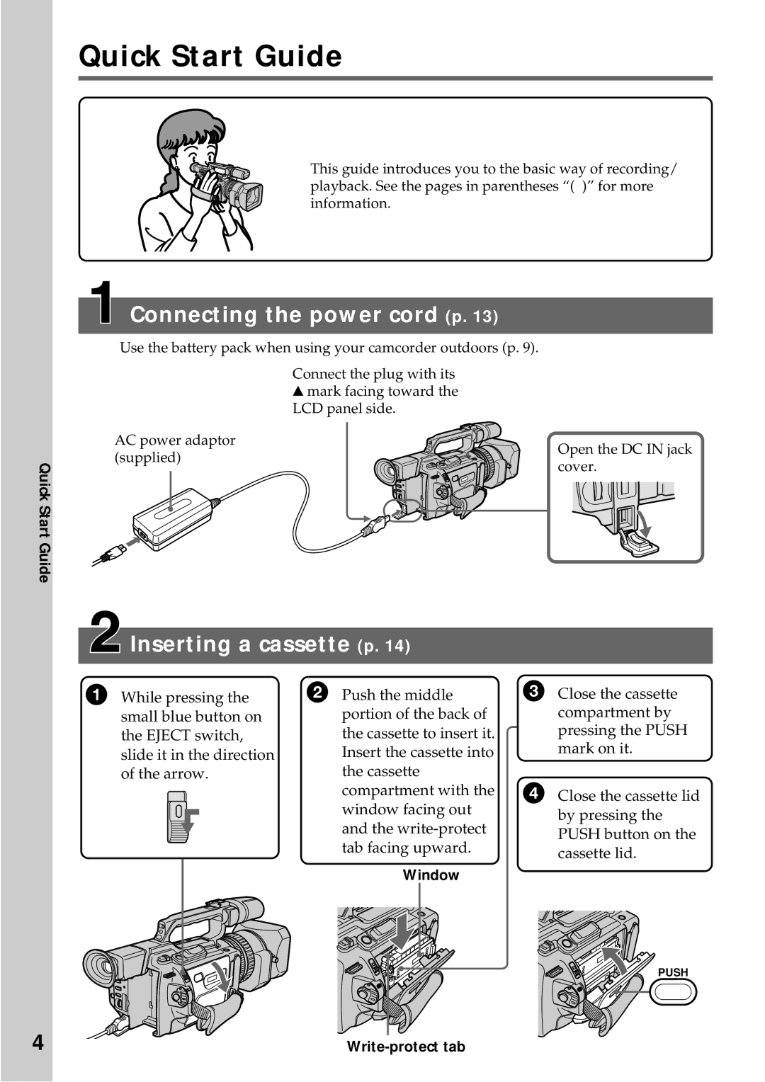 Sony DCR-VX2000 operating instructions Quick Start Guide, Window, Write-protect tab 