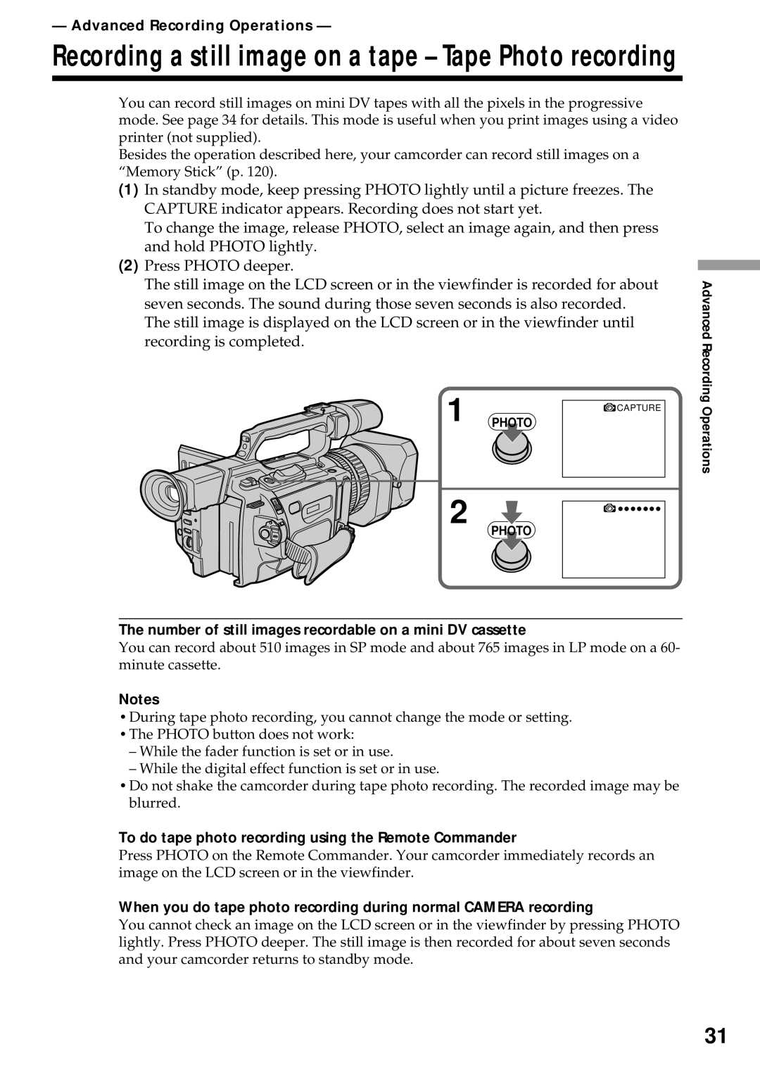 Sony DCR-VX2000 Advanced Recording Operations, Number of still images recordable on a mini DV cassette 