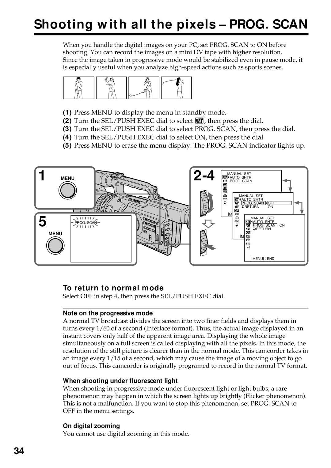 Sony DCR-VX2000 Shooting with all the pixels PROG. Scan, To return to normal mode, When shooting under fluorescent light 