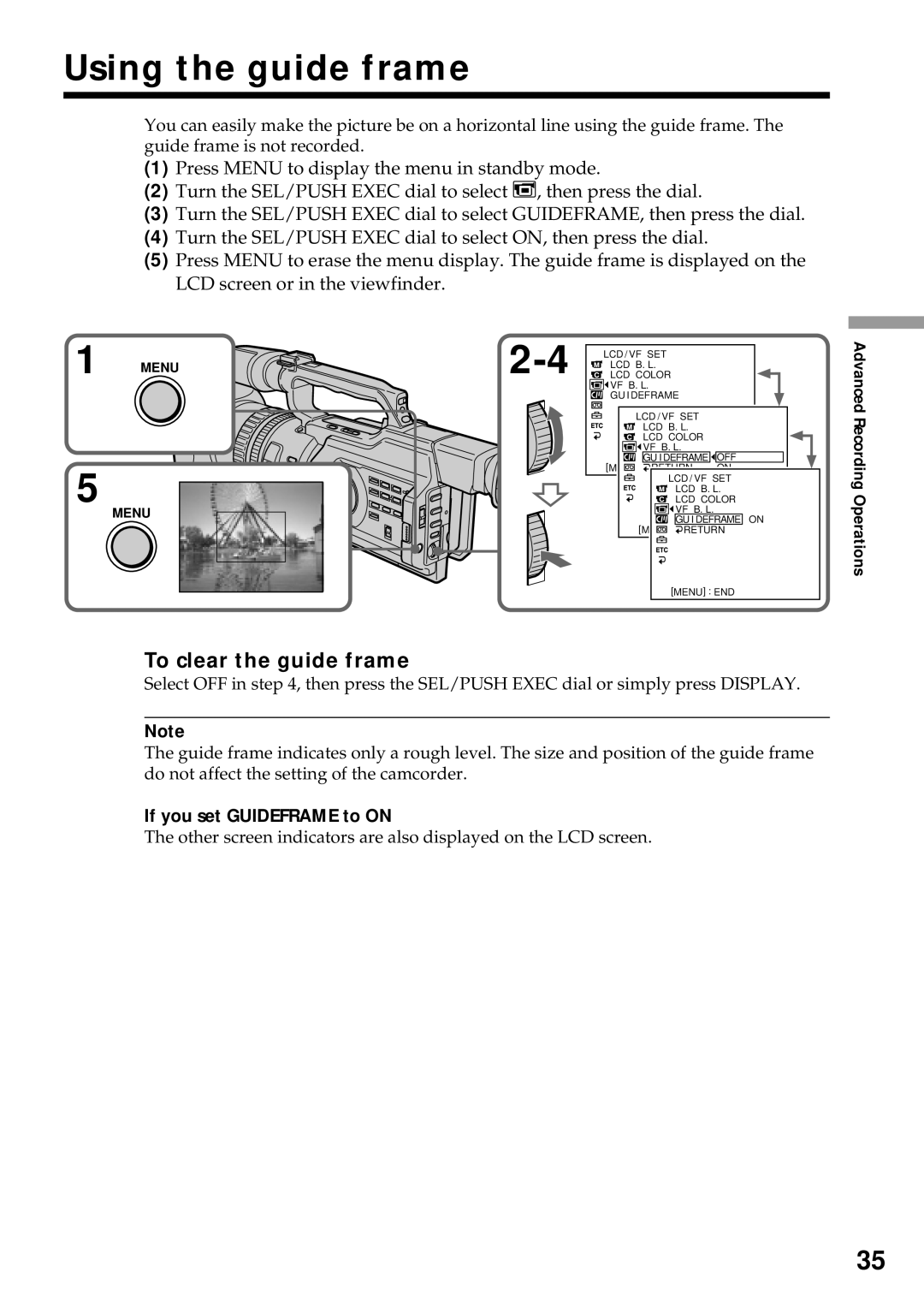 Sony DCR-VX2000 operating instructions Using the guide frame, To clear the guide frame, If you set Guideframe to on 