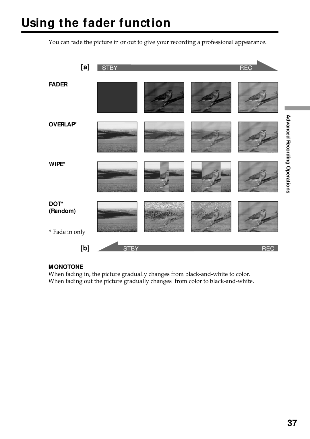 Sony DCR-VX2000 operating instructions Using the fader function, Fader Overlap Wipe DOT, Random, Monotone 