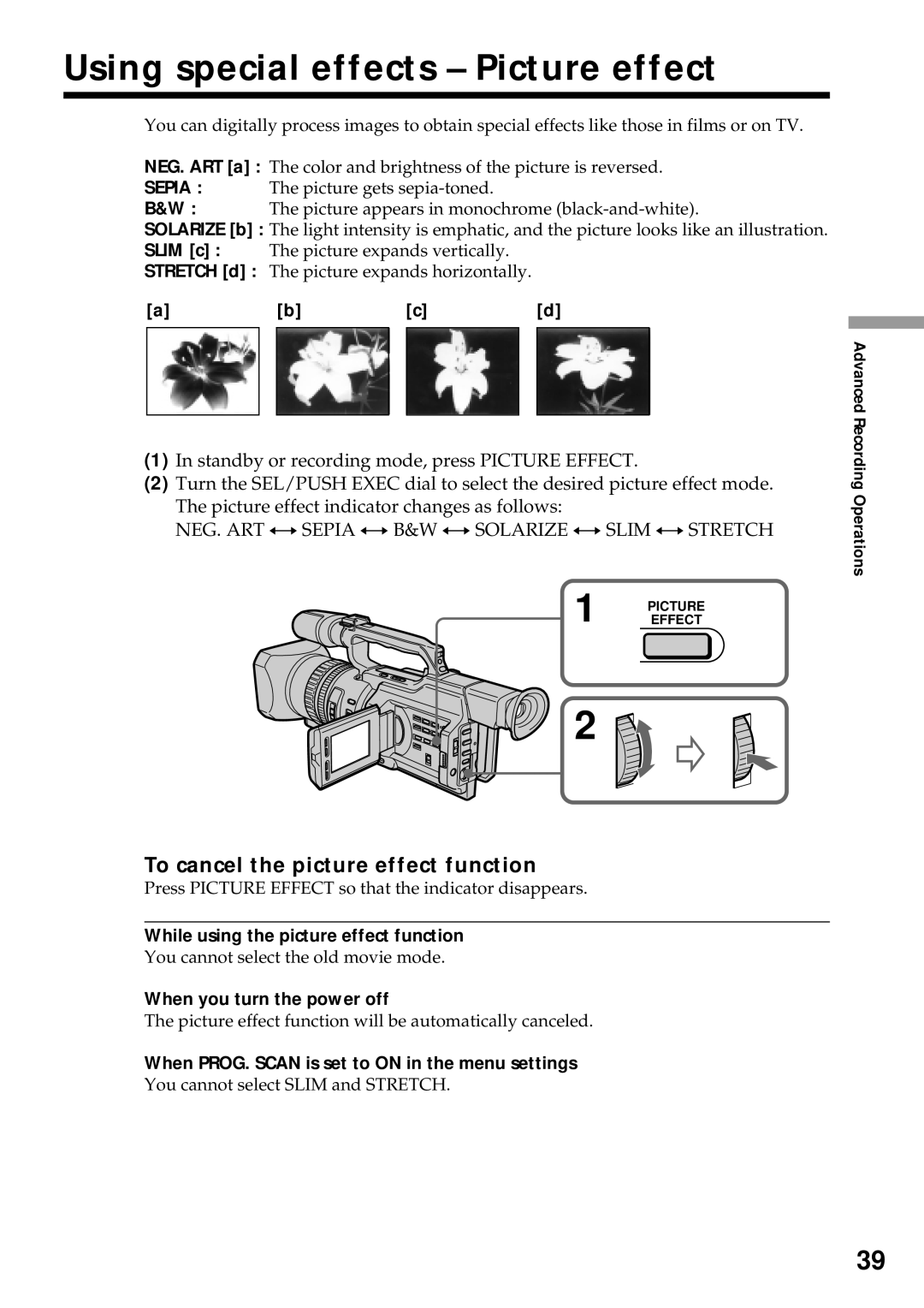 Sony DCR-VX2000 Using special effects Picture effect, To cancel the picture effect function, When you turn the power off 