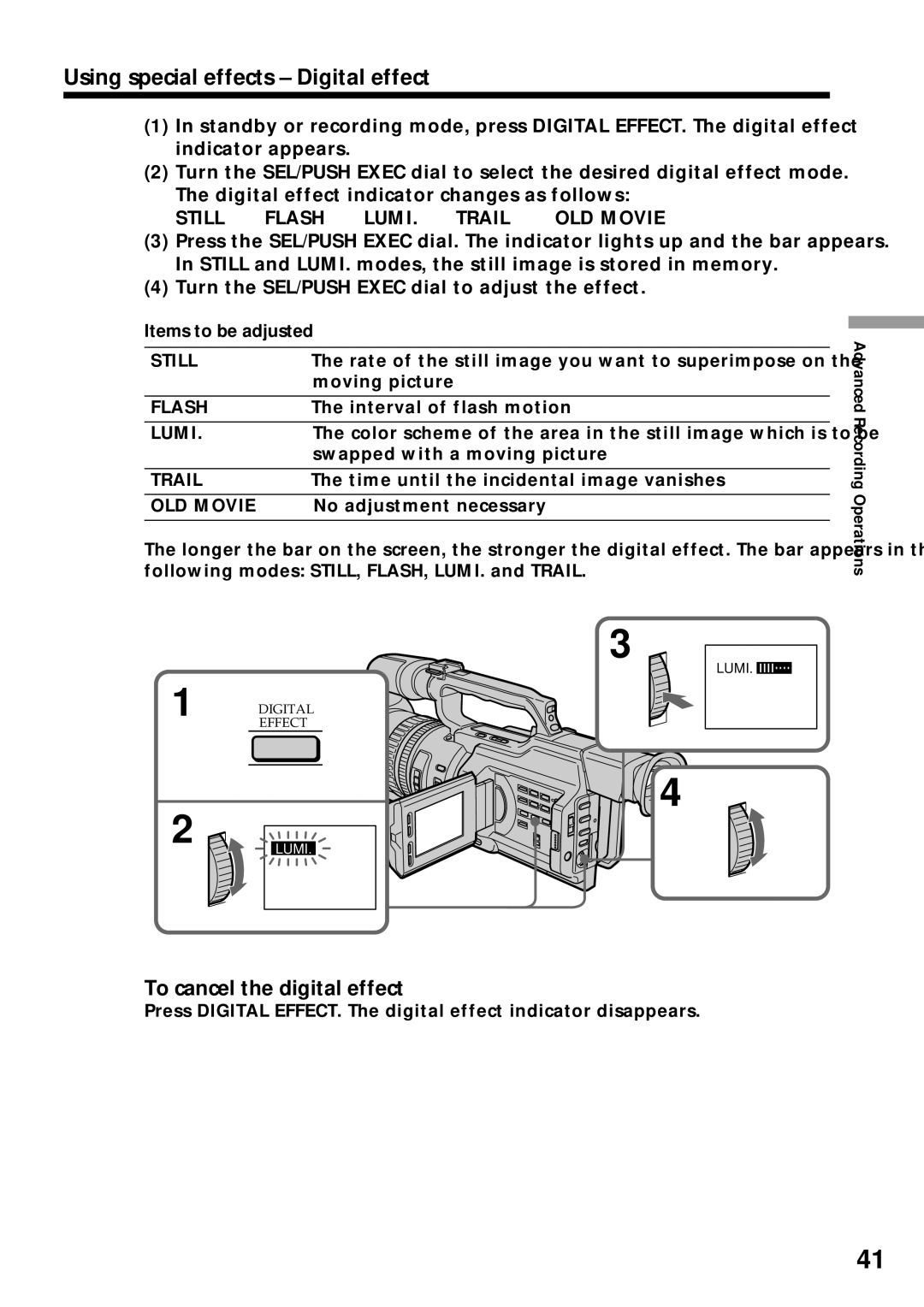 Sony DCR-VX2000 Using special effects Digital effect, To cancel the digital effect, Items to be adjusted 