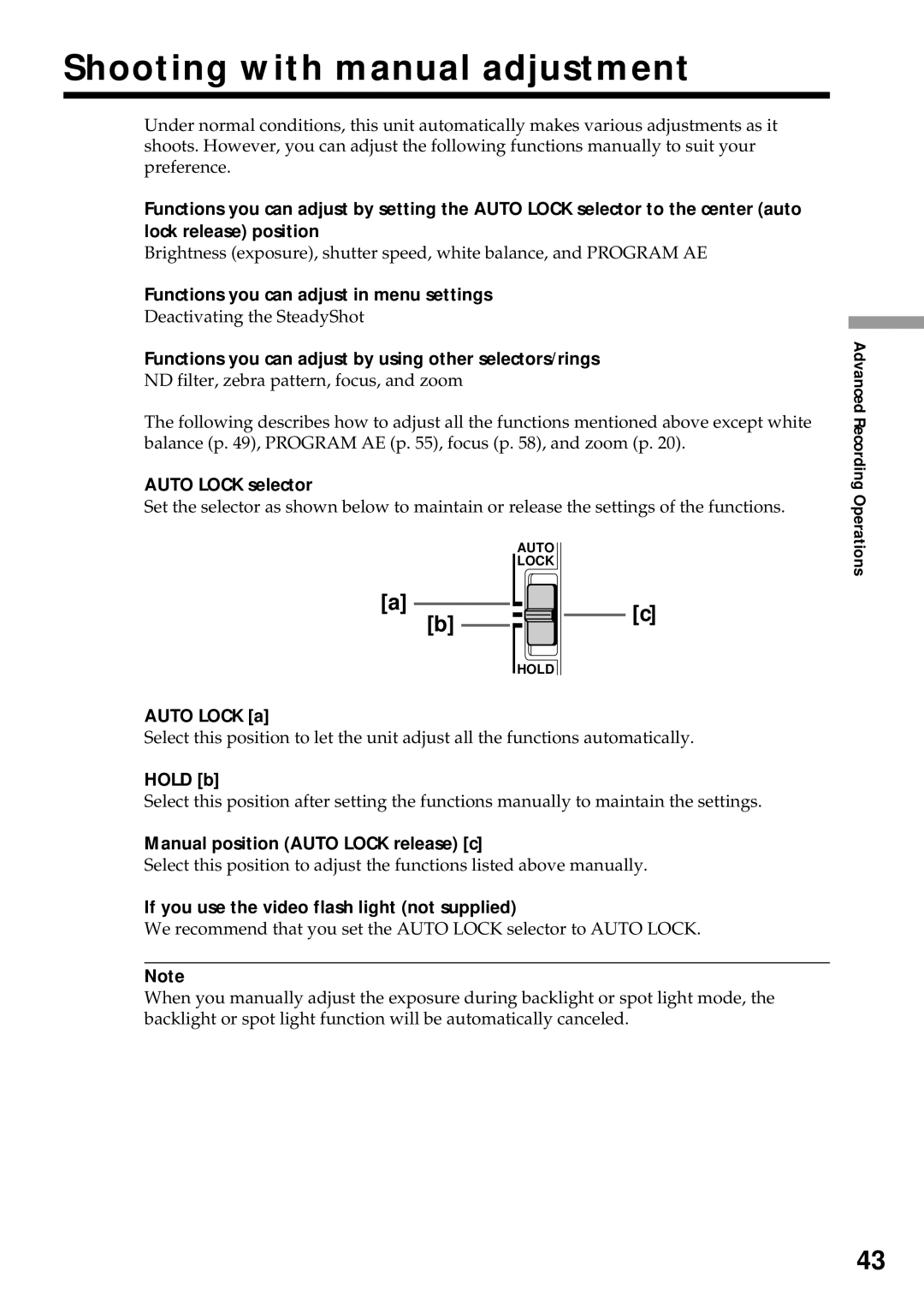 Sony DCR-VX2000 operating instructions Shooting with manual adjustment 