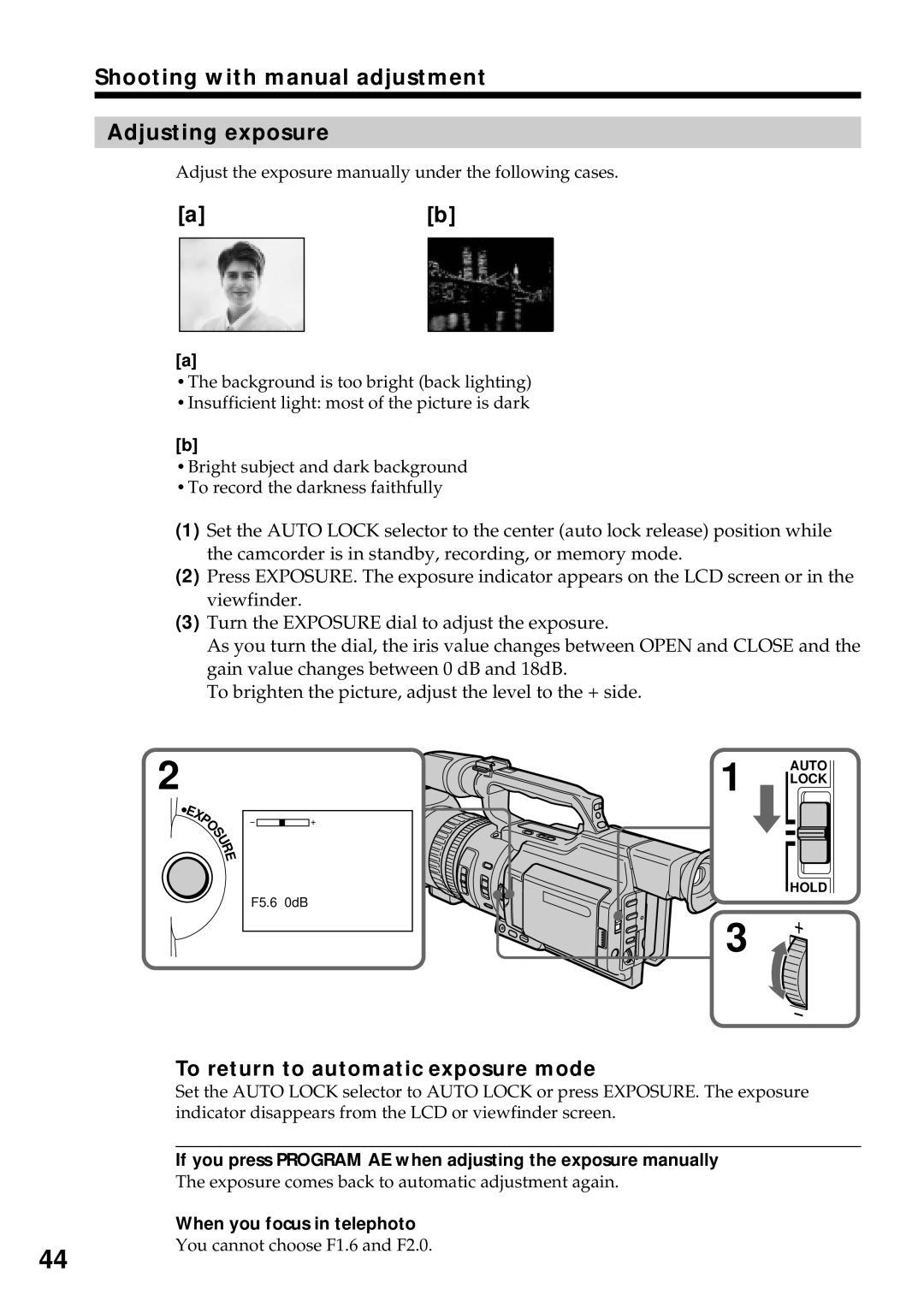 Sony DCR-VX2000 Shooting with manual adjustment Adjusting exposure, To return to automatic exposure mode 