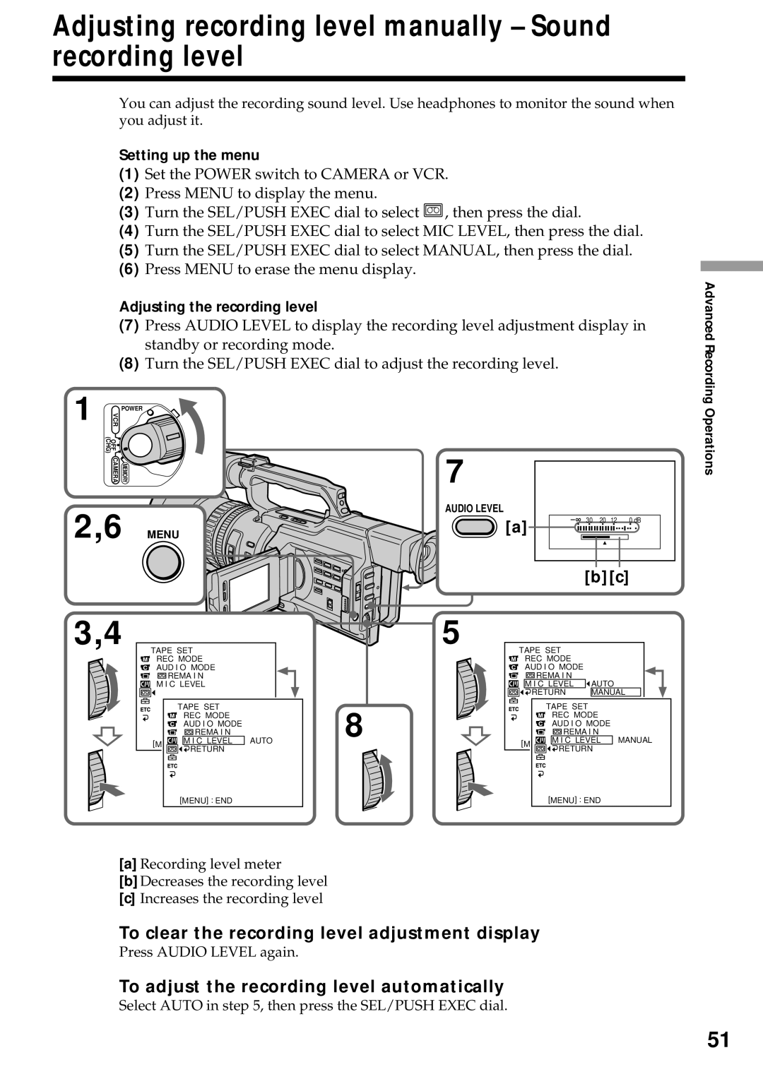 Sony DCR-VX2000 Adjusting recording level manually Sound recording level, To clear the recording level adjustment display 