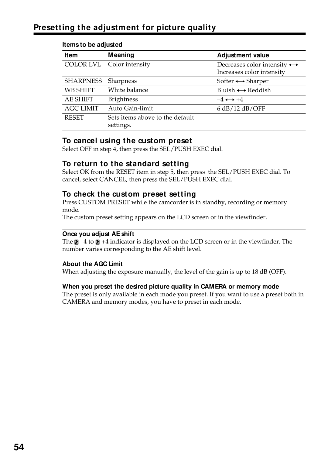 Sony DCR-VX2000 operating instructions Presetting the adjustment for picture quality, To cancel using the custom preset 