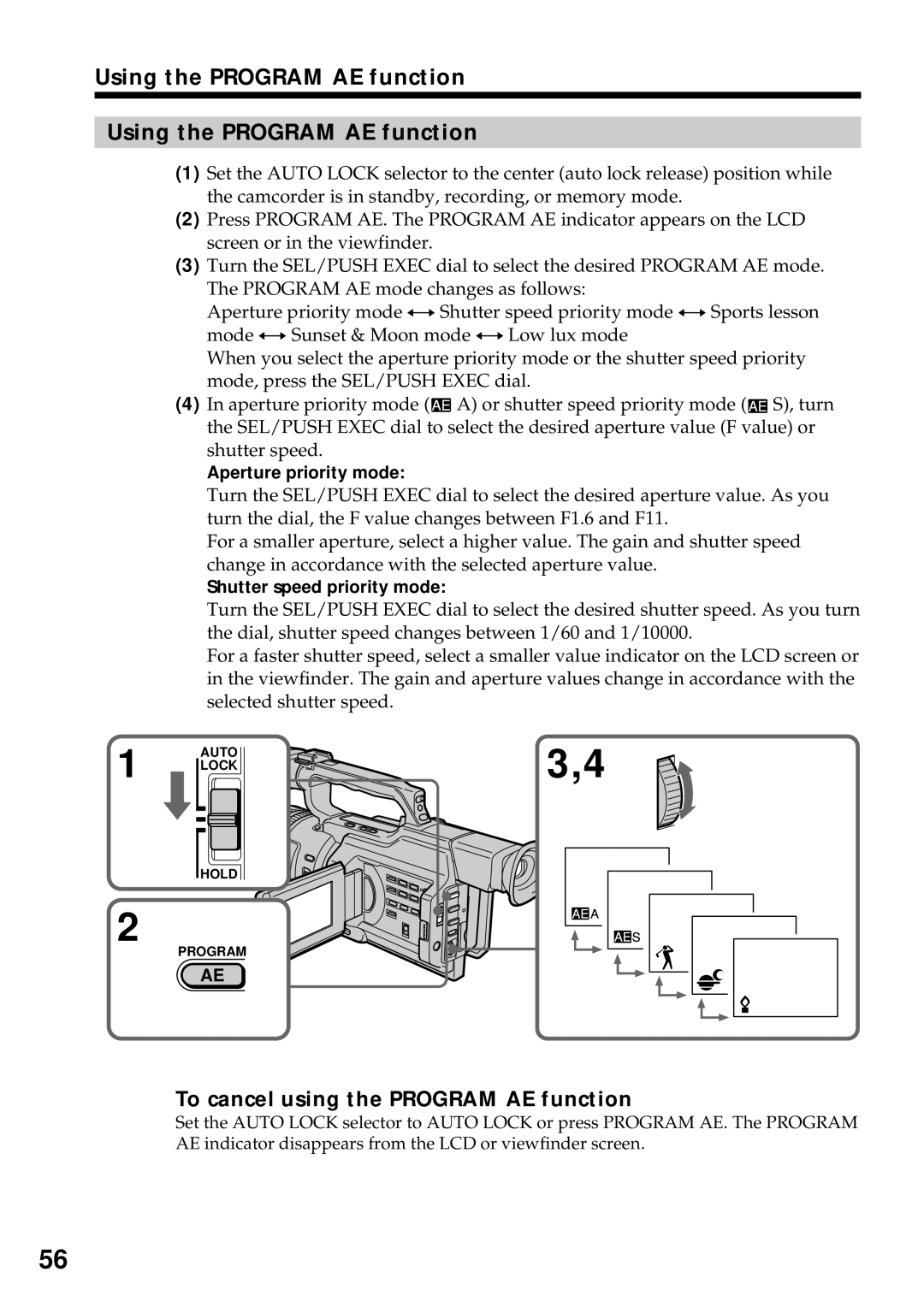 Sony DCR-VX2000 operating instructions Using the Program AE function, To cancel using the Program AE function 