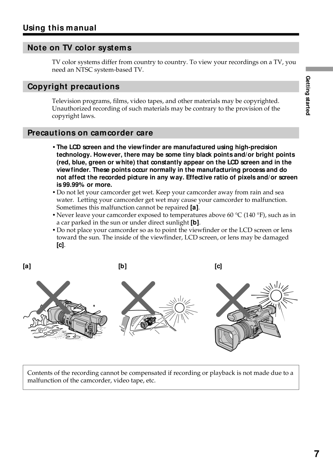 Sony DCR-VX2000 operating instructions Using this manual, Copyright precautions, Precautions on camcorder care 