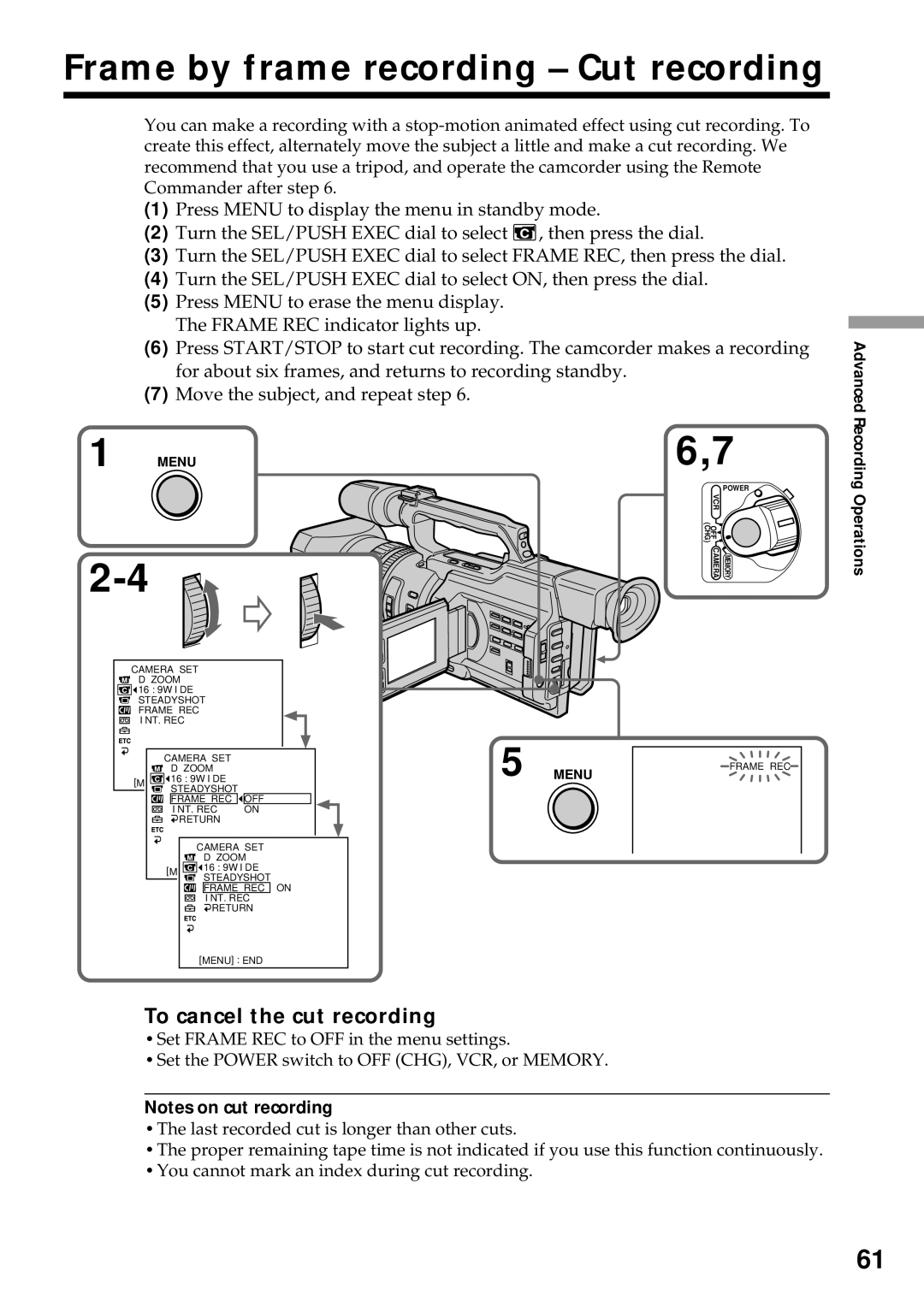 Sony DCR-VX2000 operating instructions Frame by frame recording Cut recording, To cancel the cut recording 