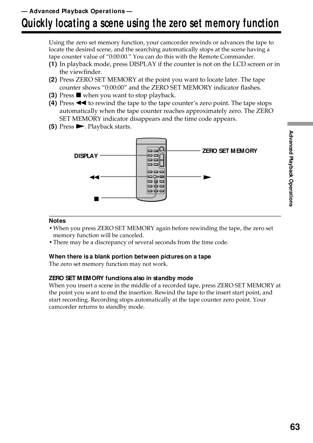 Sony DCR-VX2000 Quickly locating a scene using the zero set memory function, Advanced Playback Operations 