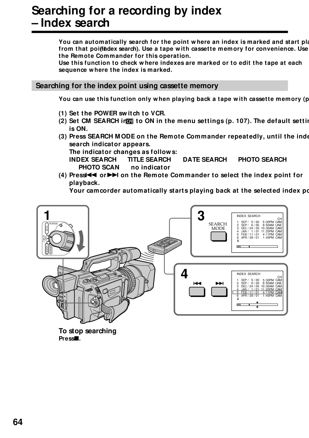 Sony DCR-VX2000 Searching for a recording by index Index search, Searching for the index point using cassette memory 