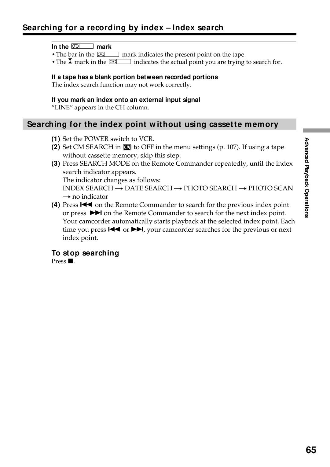 Sony DCR-VX2000 Searching for a recording by index Index search, Mark, If you mark an index onto an external input signal 