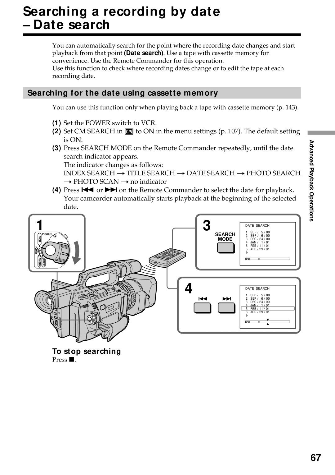 Sony DCR-VX2000 Searching a recording by date Date search, Searching for the date using cassette memory 