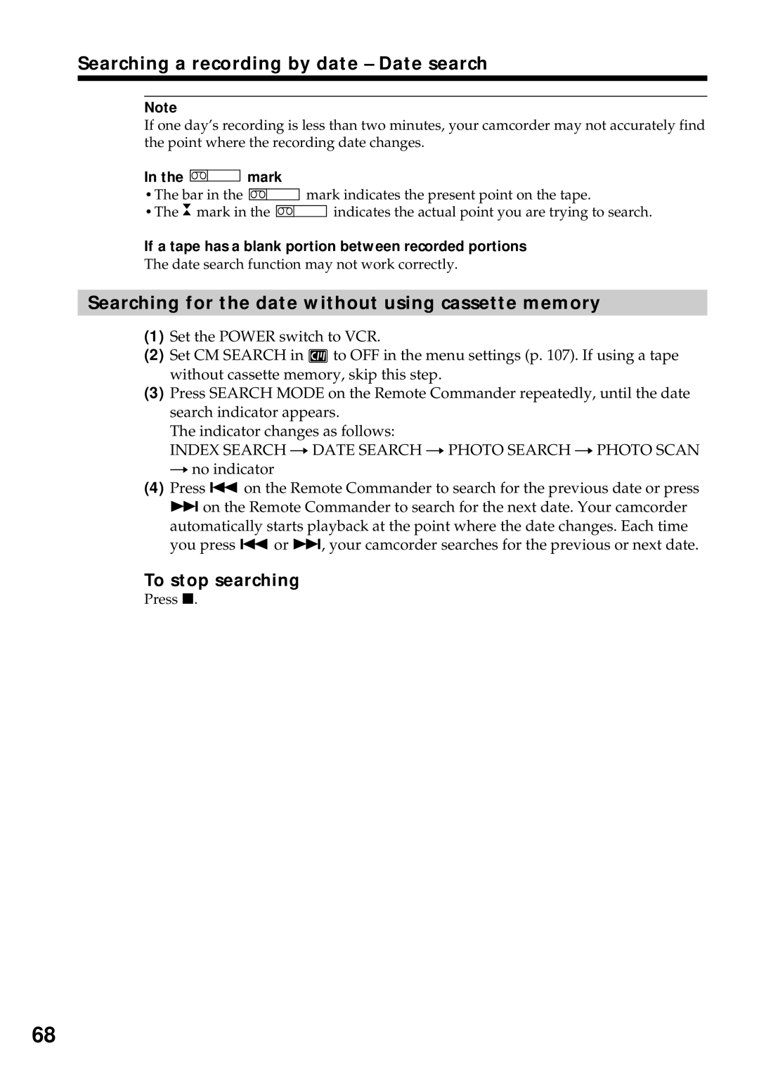 Sony DCR-VX2000 Searching a recording by date Date search, Searching for the date without using cassette memory 