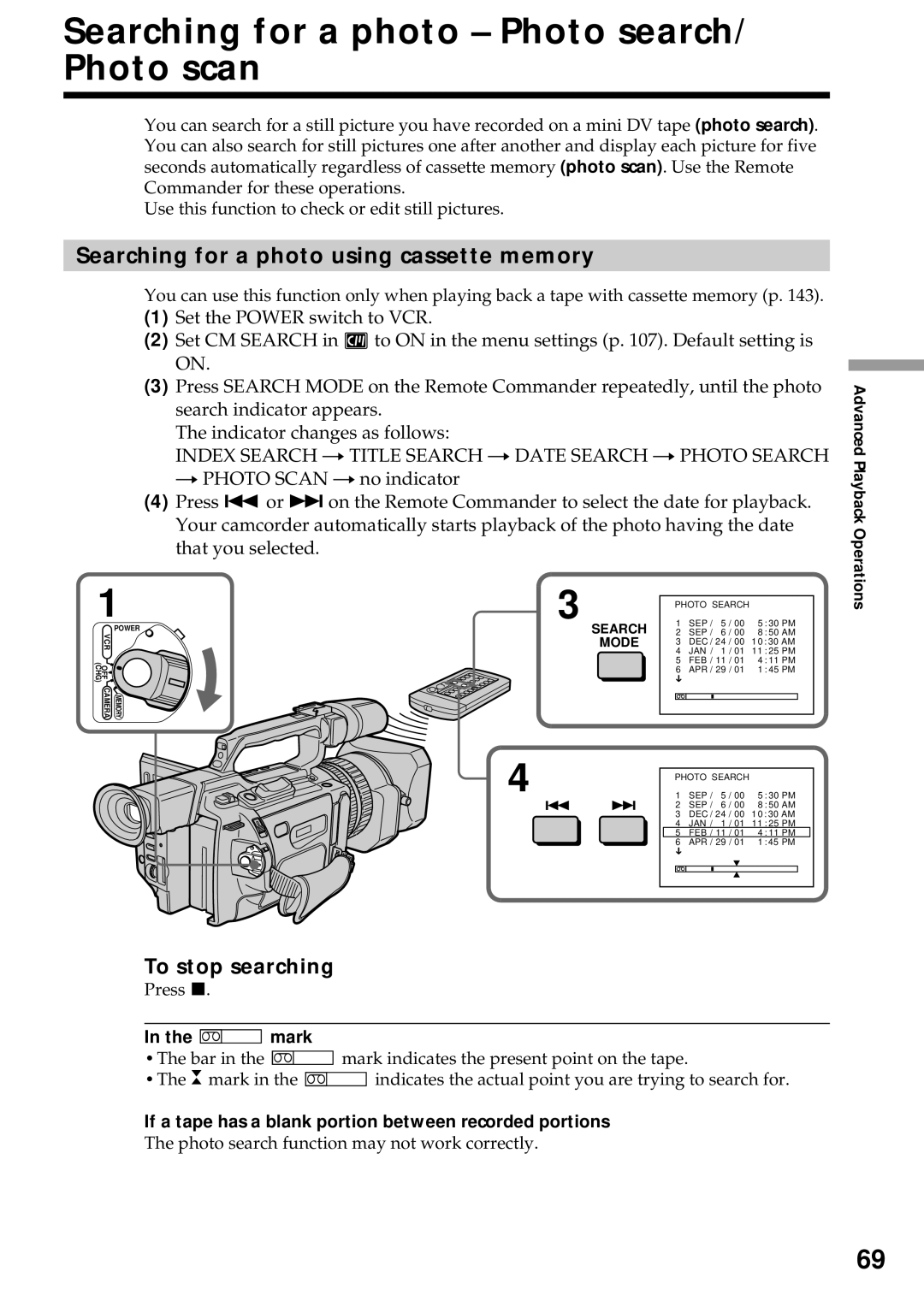 Sony DCR-VX2000 Searching for a photo Photo search/ Photo scan, Searching for a photo using cassette memory 