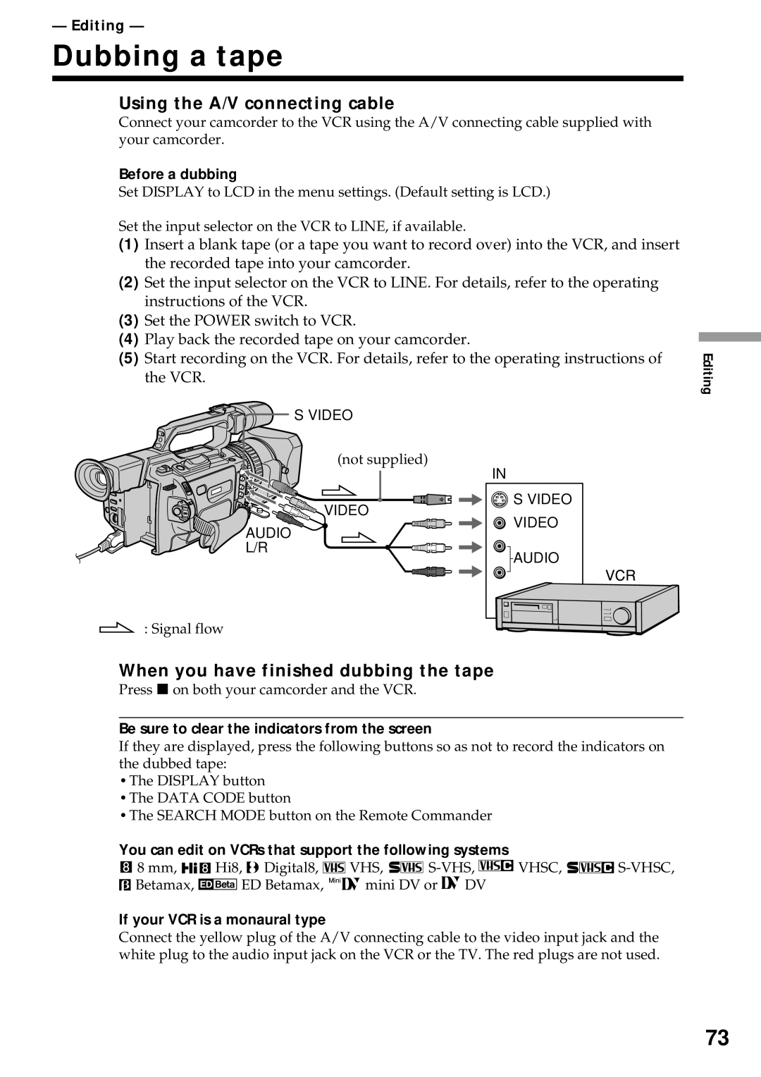 Sony DCR-VX2000 Dubbing a tape, Using the A/V connecting cable, When you have finished dubbing the tape 