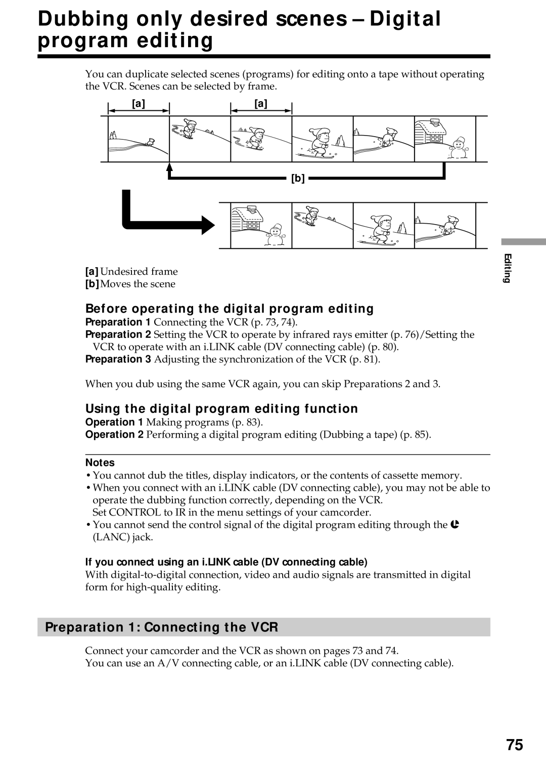 Sony DCR-VX2000 Dubbing only desired scenes Digital program editing, Preparation 1 Connecting the VCR 