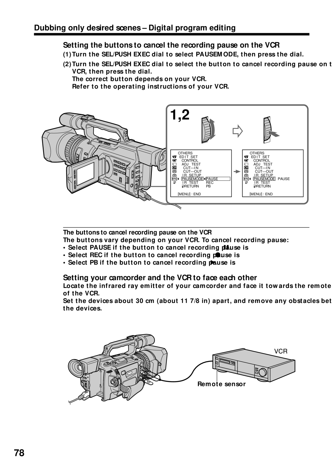 Sony DCR-VX2000 Dubbing only desired scenes Digital program editing, Setting your camcorder and the VCR to face each other 