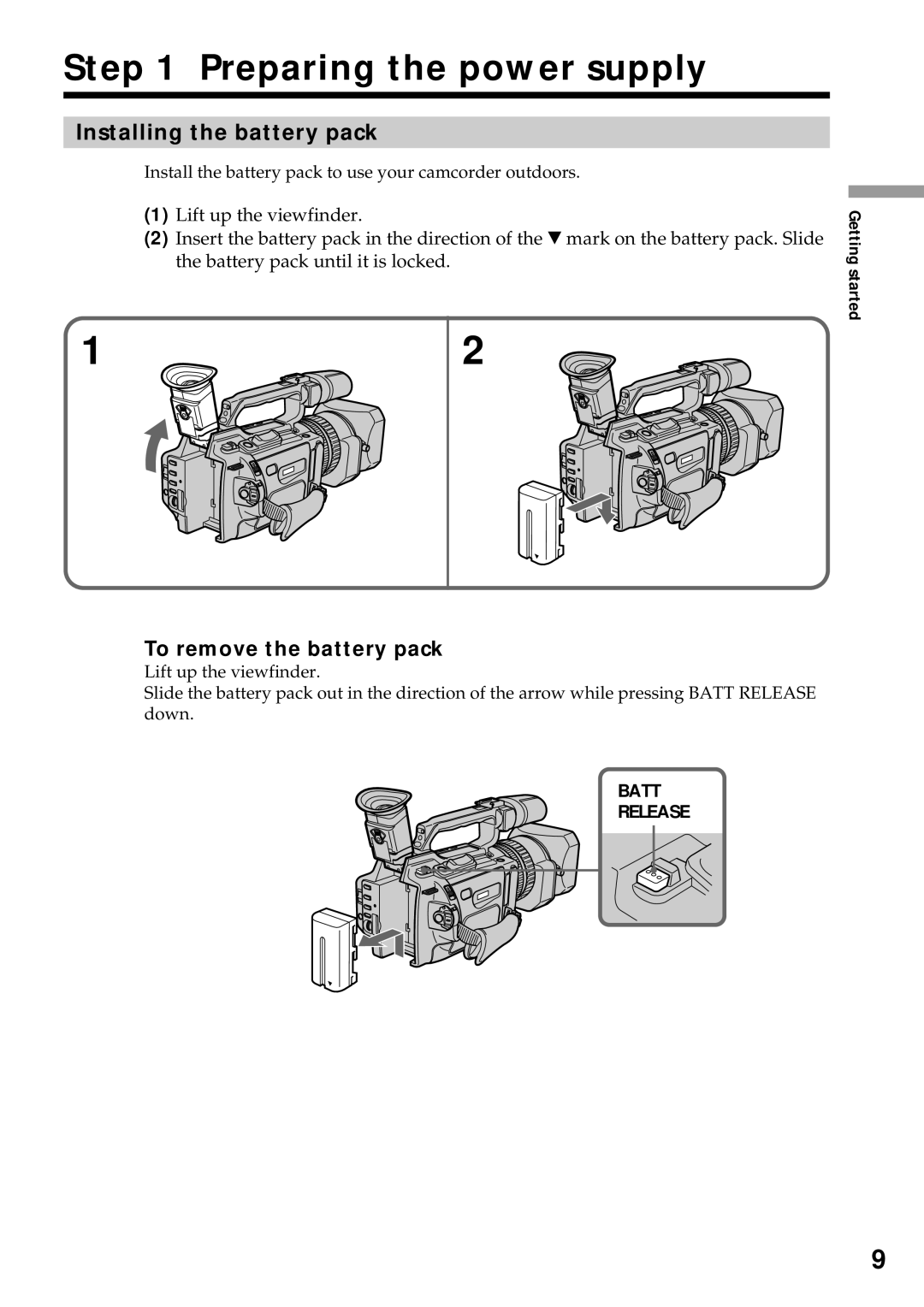 Sony DCR-VX2000 Preparing the power supply, Installing the battery pack, To remove the battery pack, Batt Release 