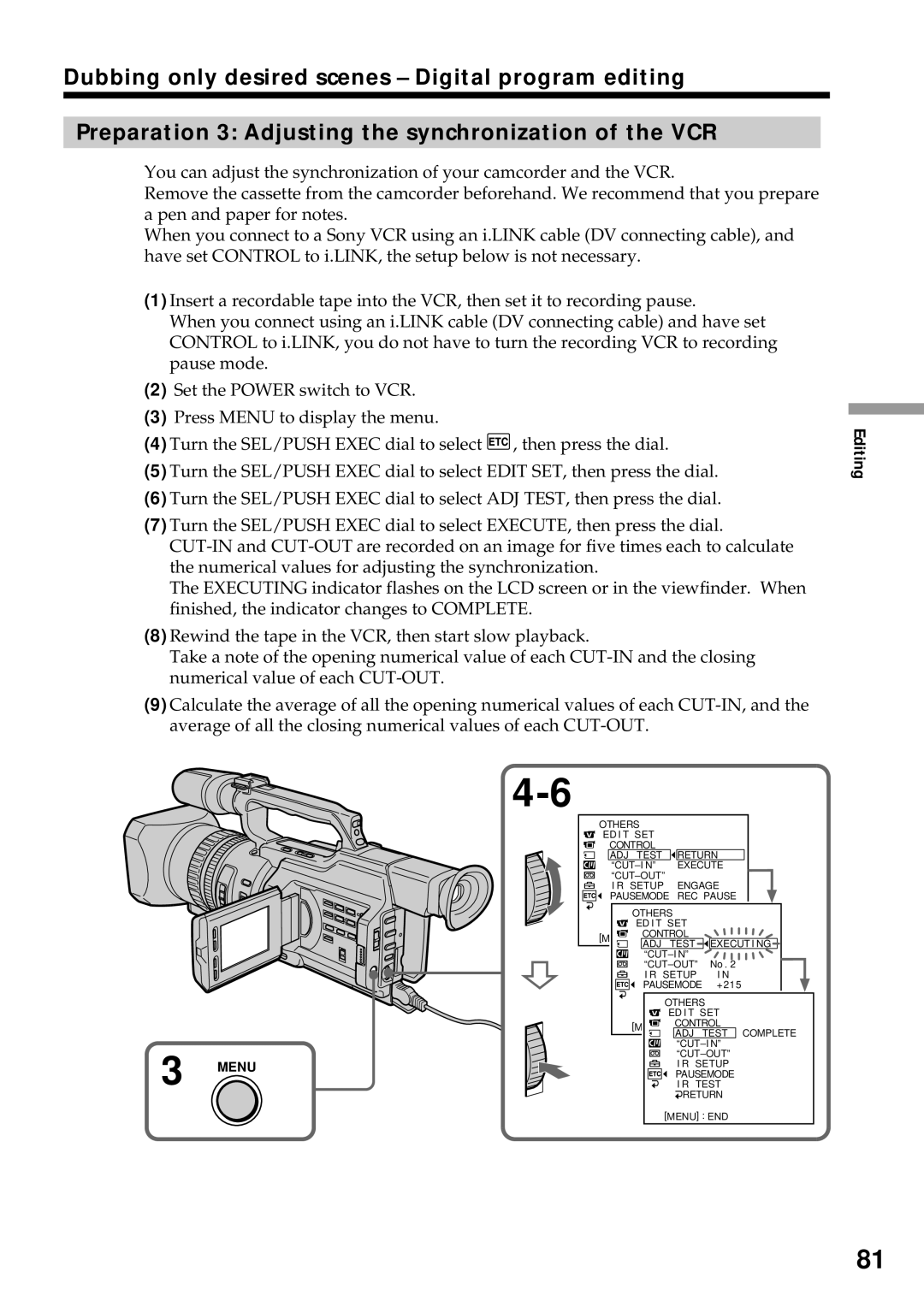 Sony DCR-VX2000 operating instructions Others ED I T SET Control ADJ Test Return 