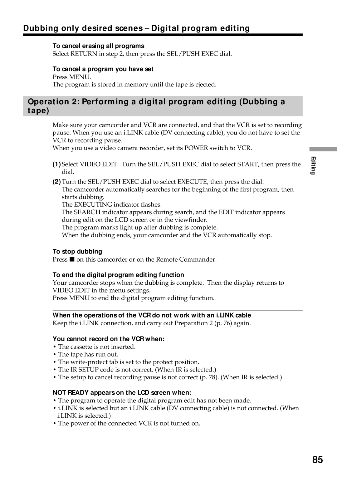 Sony DCR-VX2000 operating instructions To cancel erasing all programs, To cancel a program you have set, To stop dubbing 